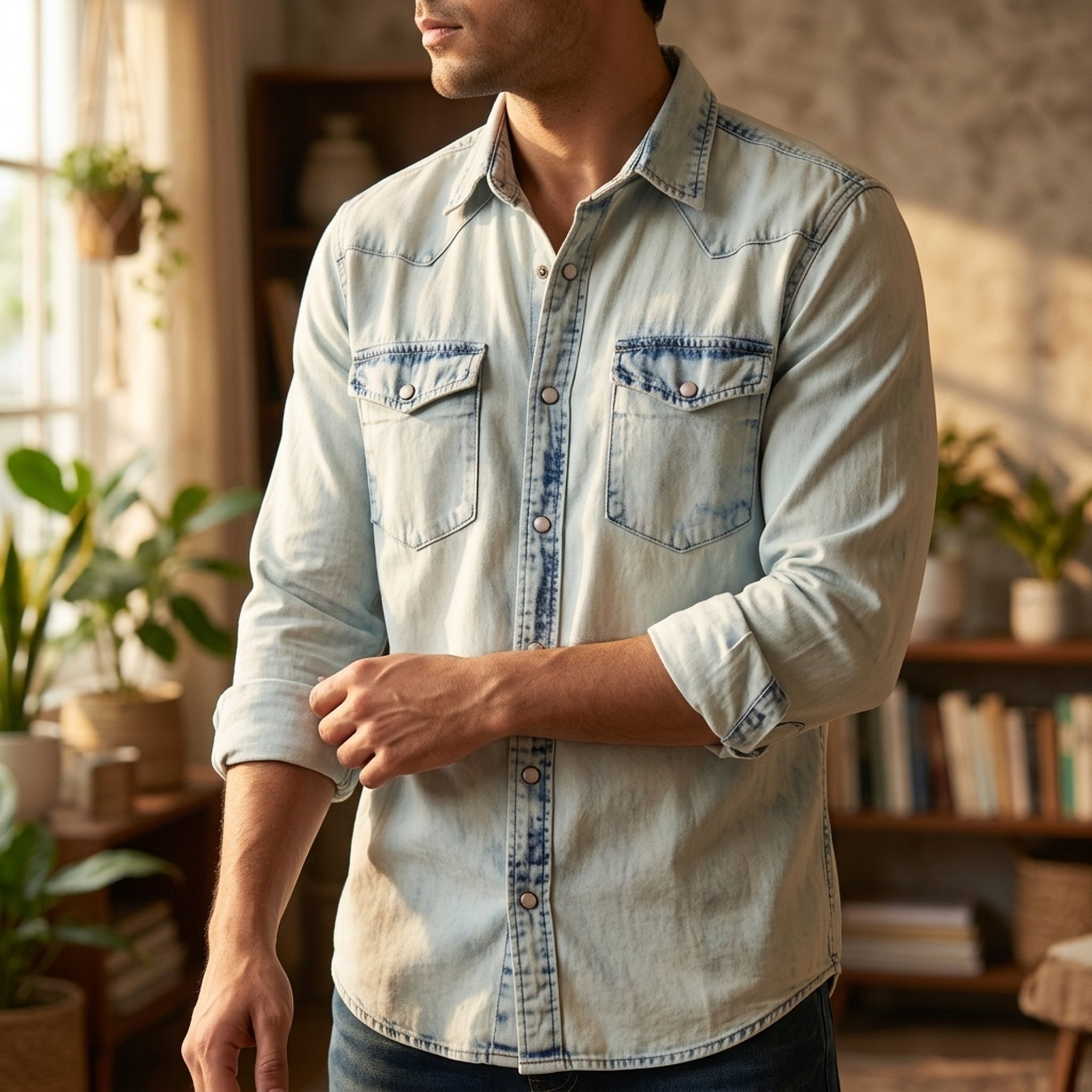 Men's Light Blue Washed Denim Shirt 2