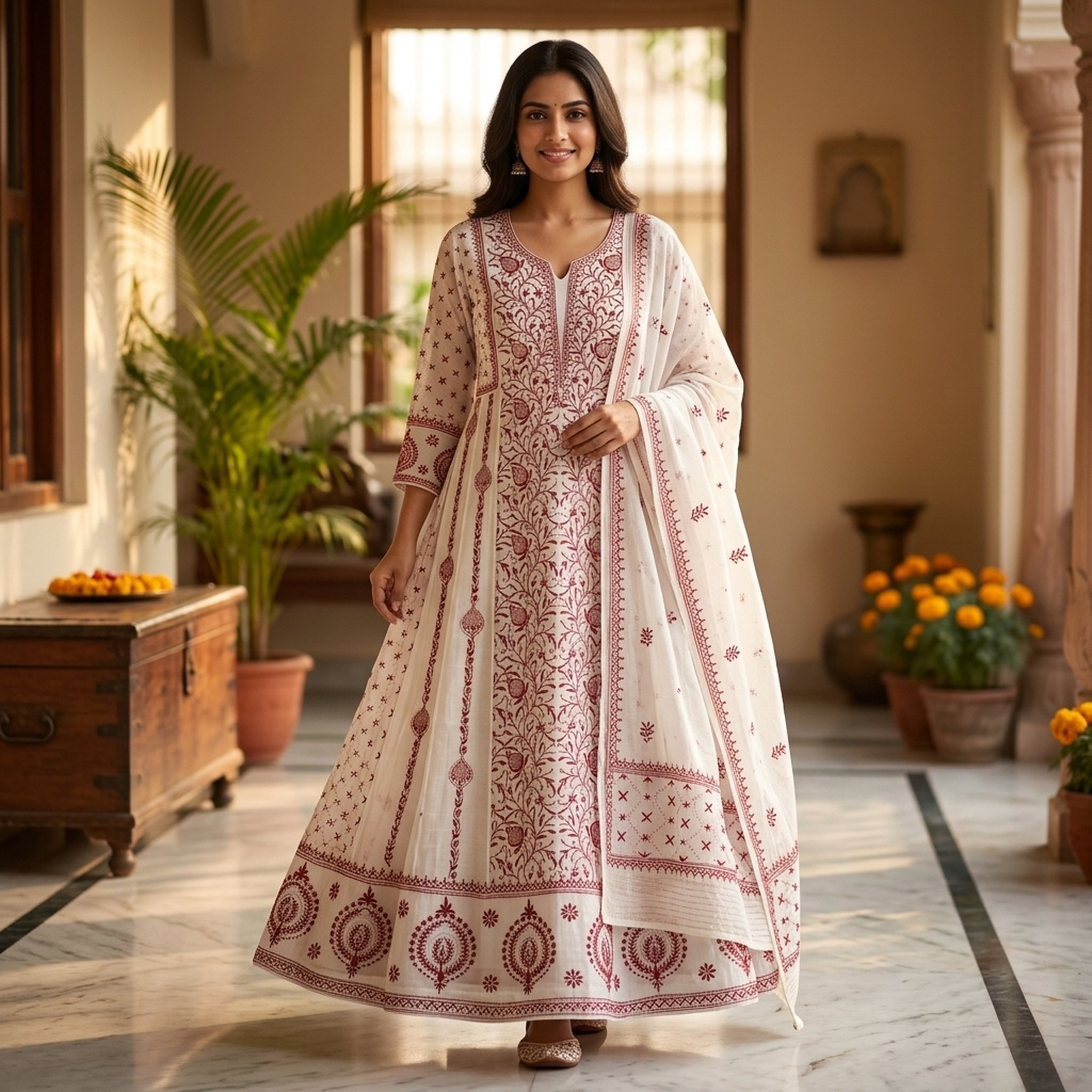 Lucknowi Khazana Emporium Women's White Embroidered Anarkali Kurta Set