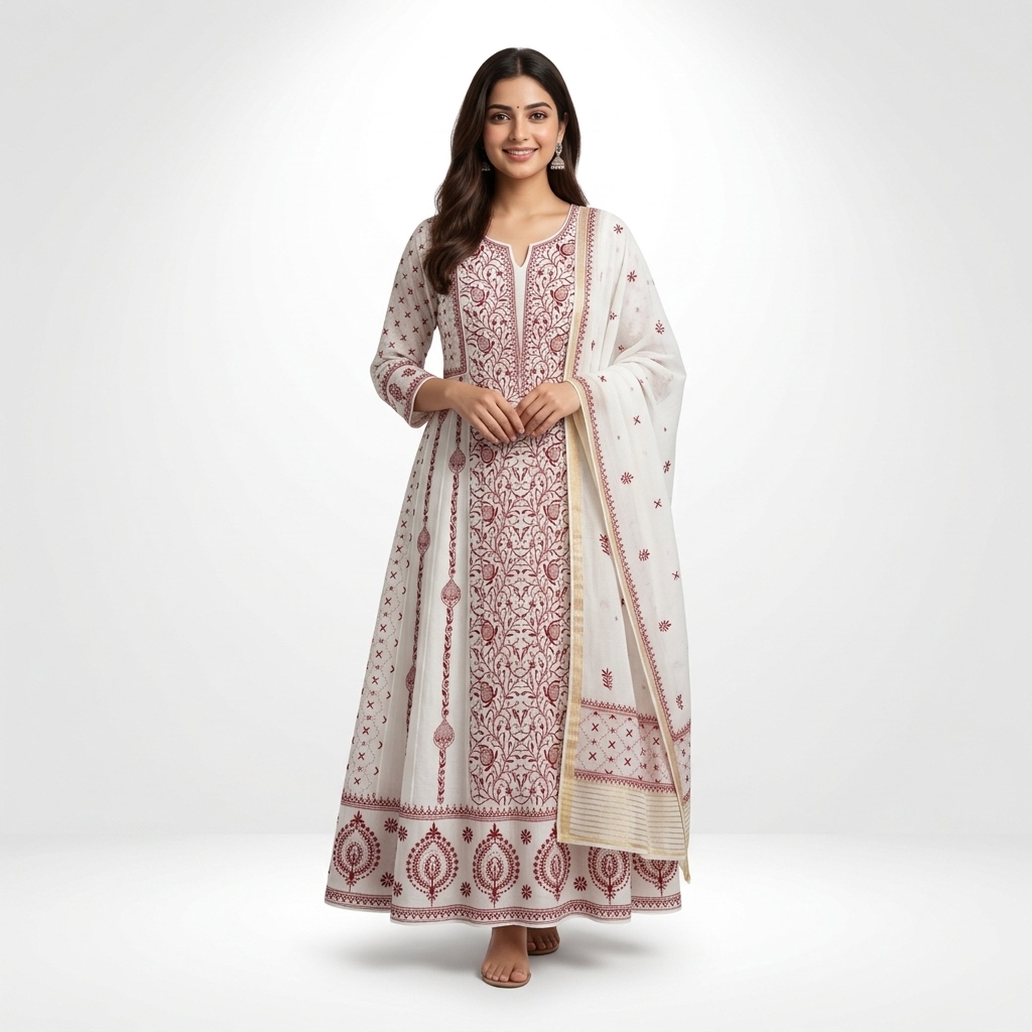 Lucknowi Khazana Emporium Women's White Embroidered Anarkali Kurta Set 2
