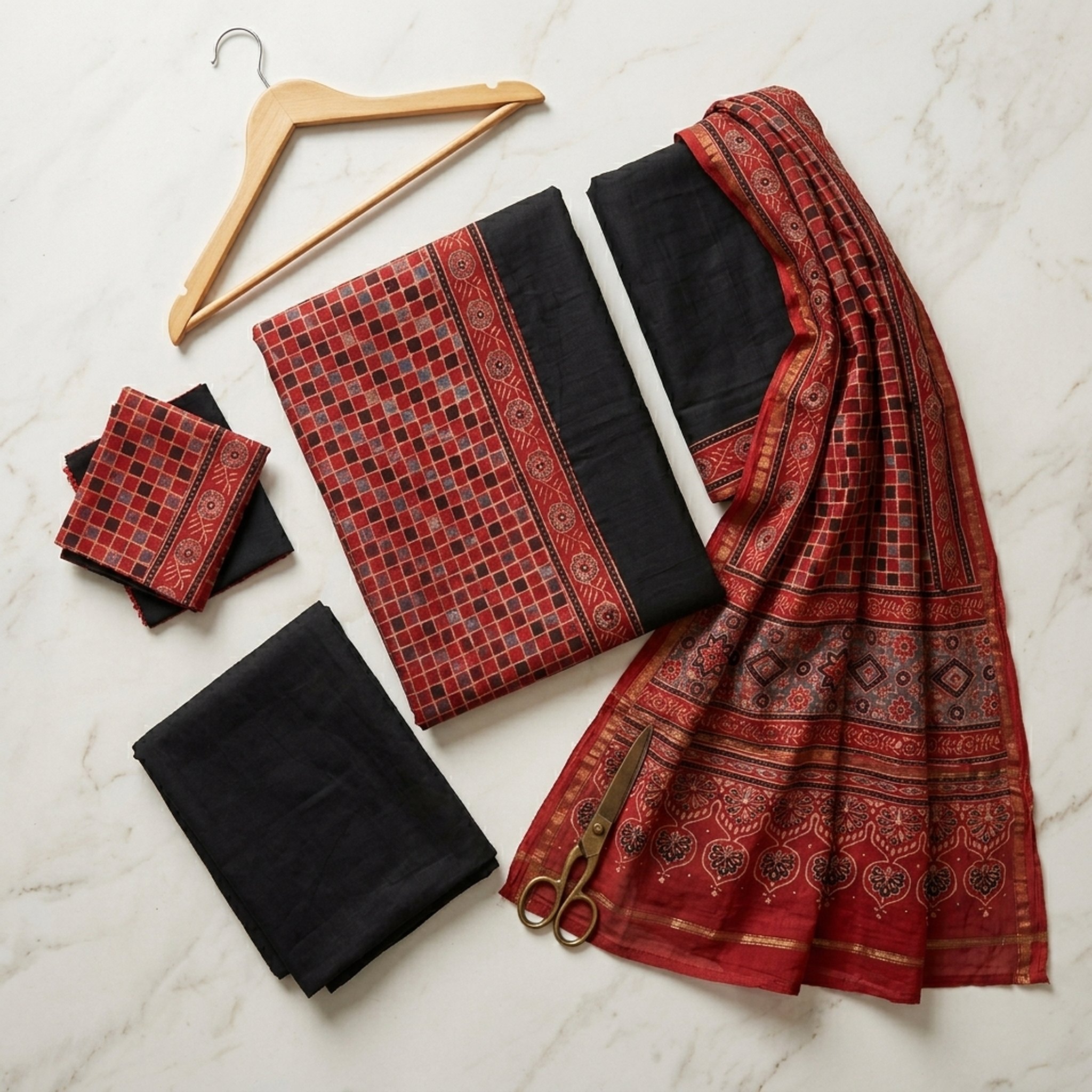 pure Hand Ajrakh with muqaish duppatta paired with black linen satin 3