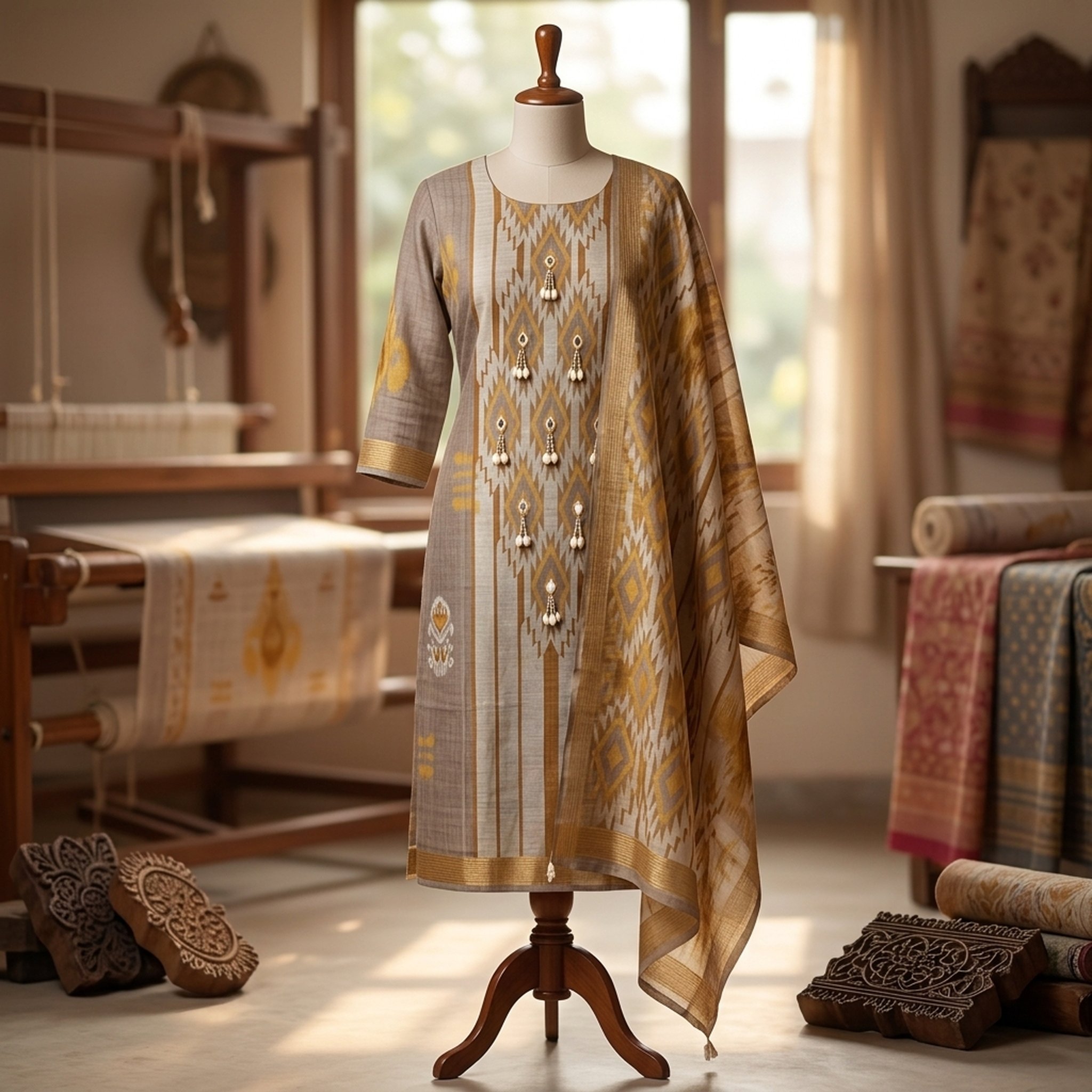 Fablook Ethnic Grey Gold Embellished Suit Set