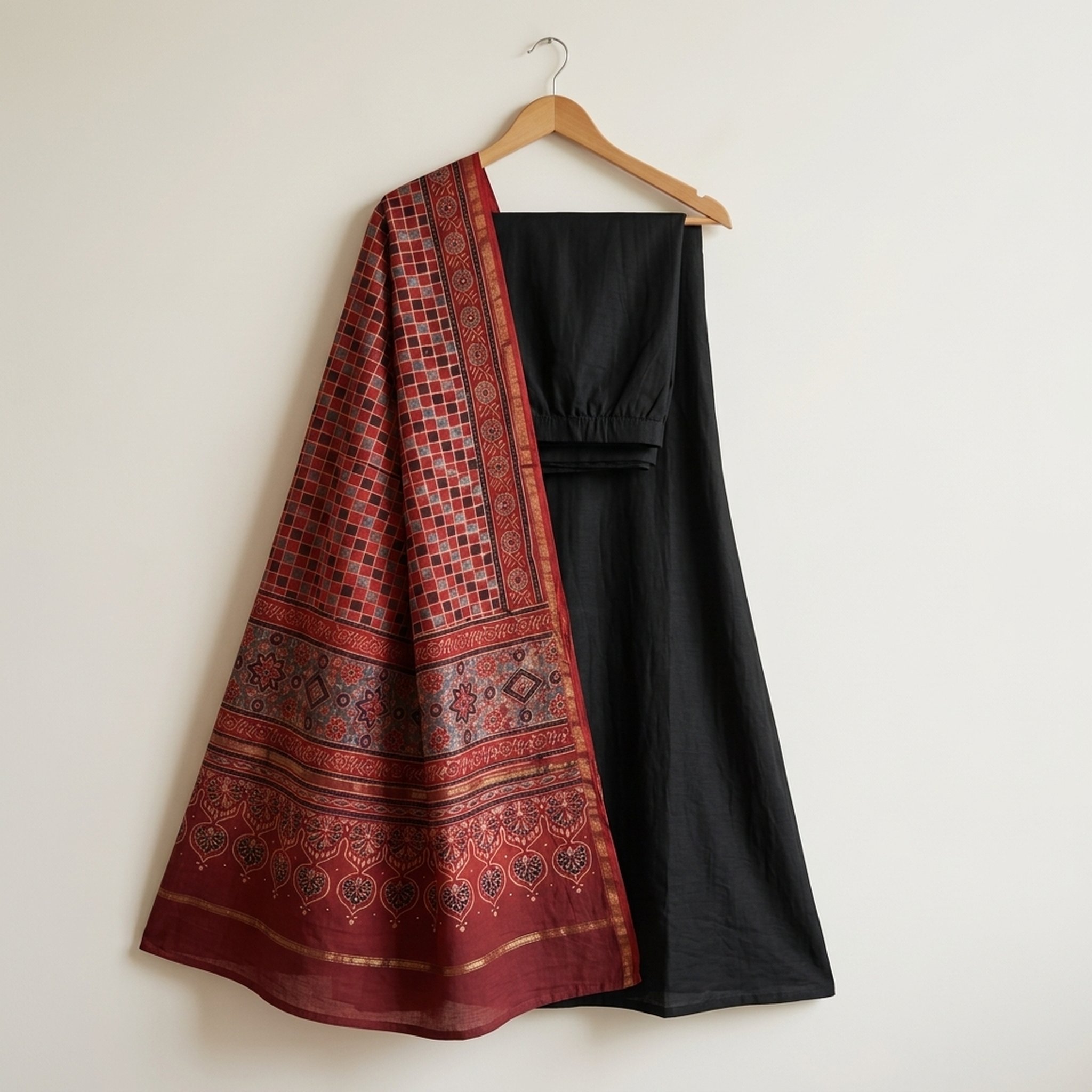 pure Hand Ajrakh with muqaish duppatta paired with black linen satin 2