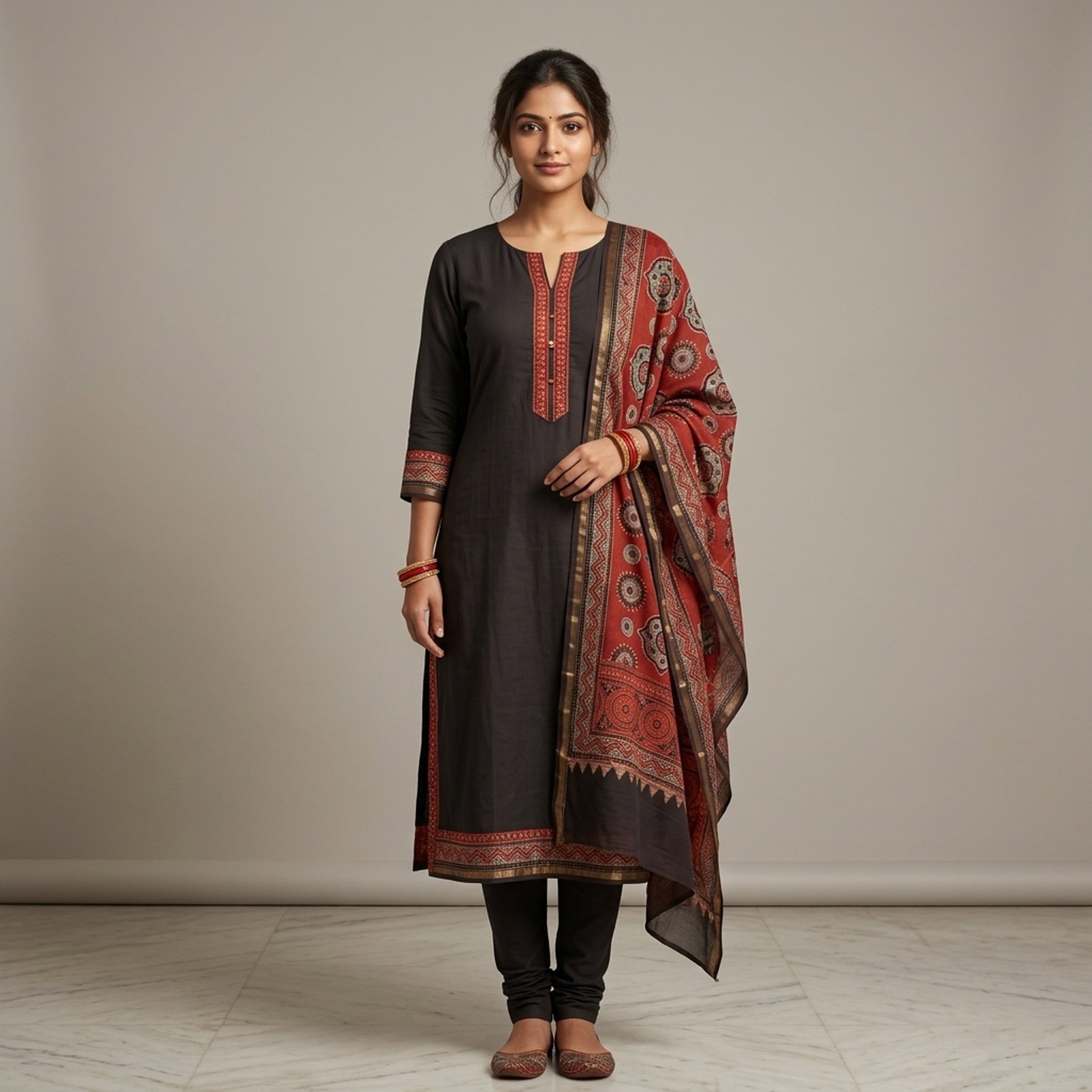 Women's Black Kurta Set with pure Hand Ajrakh muqaishDupatta