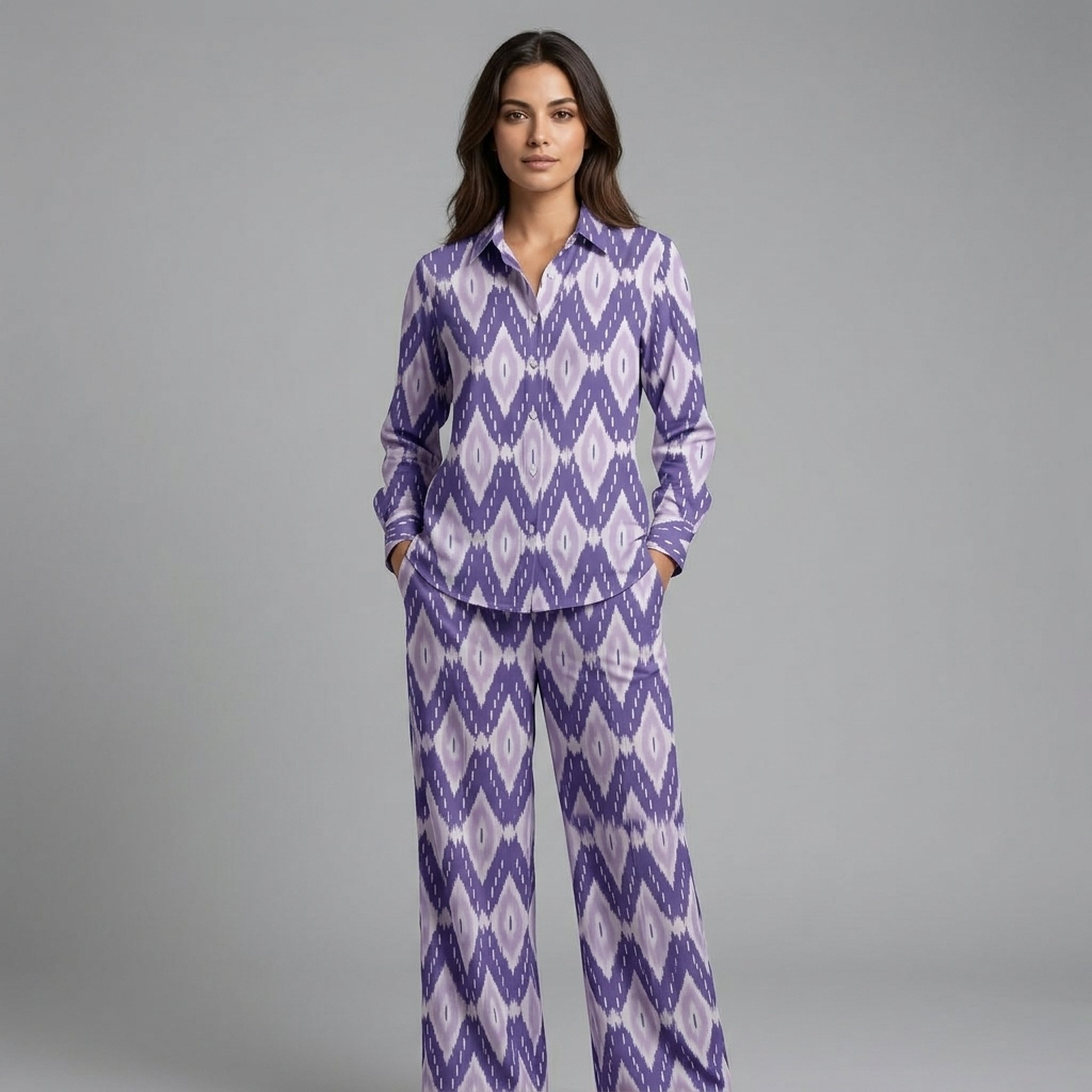 Women's crepe Purple Ikat Print Co-ord Set
