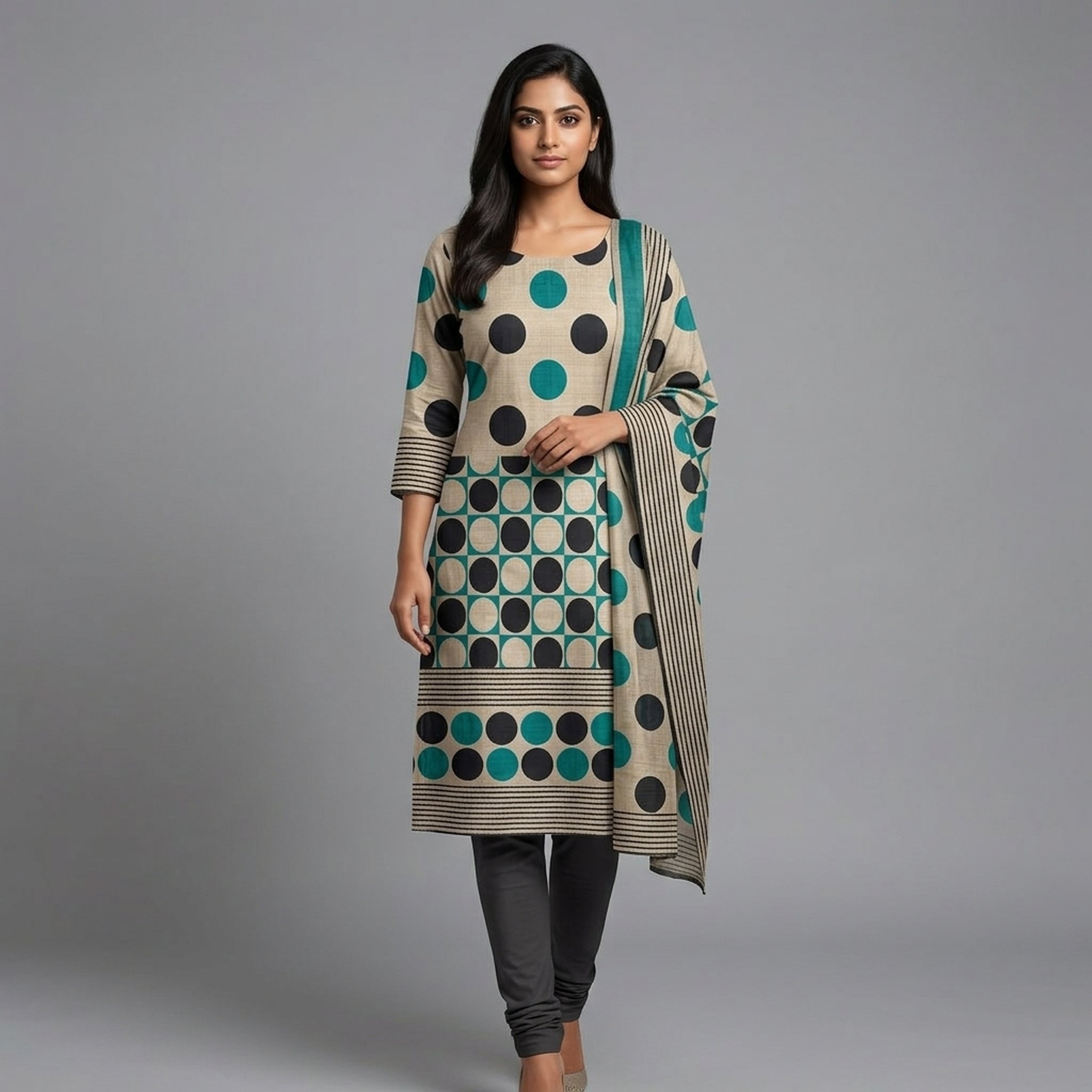 Polka Dot Printed Unstitched Suit Set