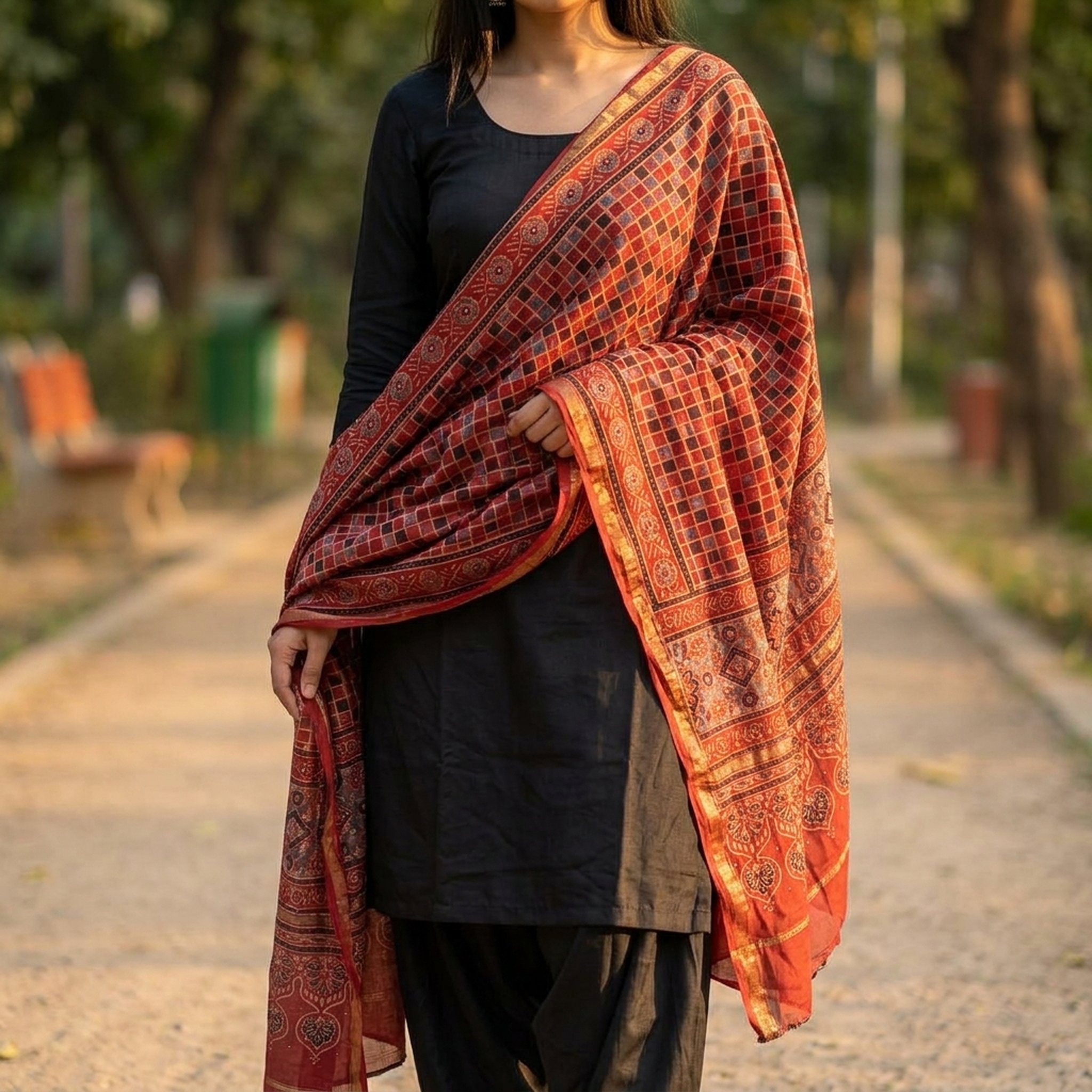 pure Hand Ajrakh with muqaish duppatta paired with black linen satin 4