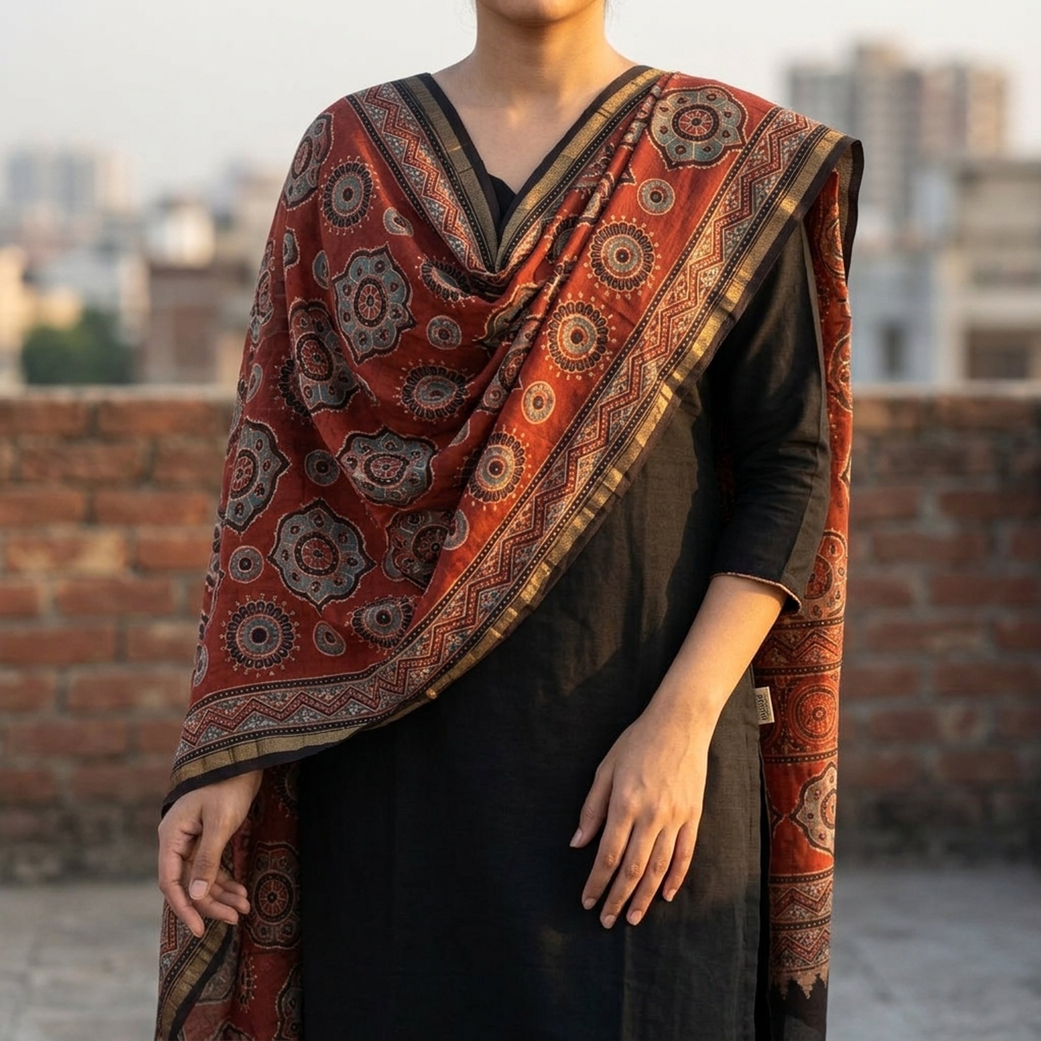 Women's Black Kurta Set with pure Hand Ajrakh muqaishDupatta 2