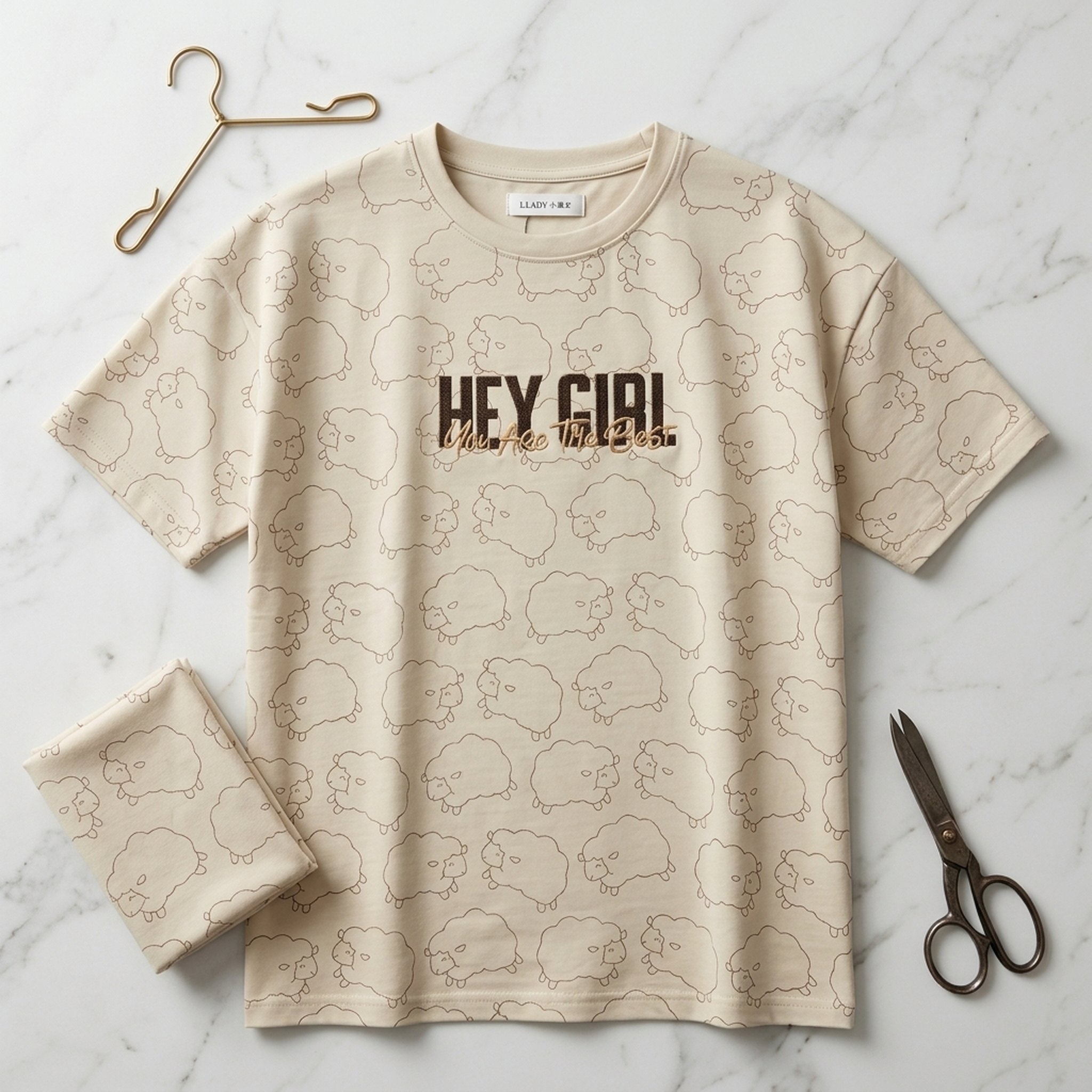 Women's Beige Sheep Print Graphic T-Shirt 4