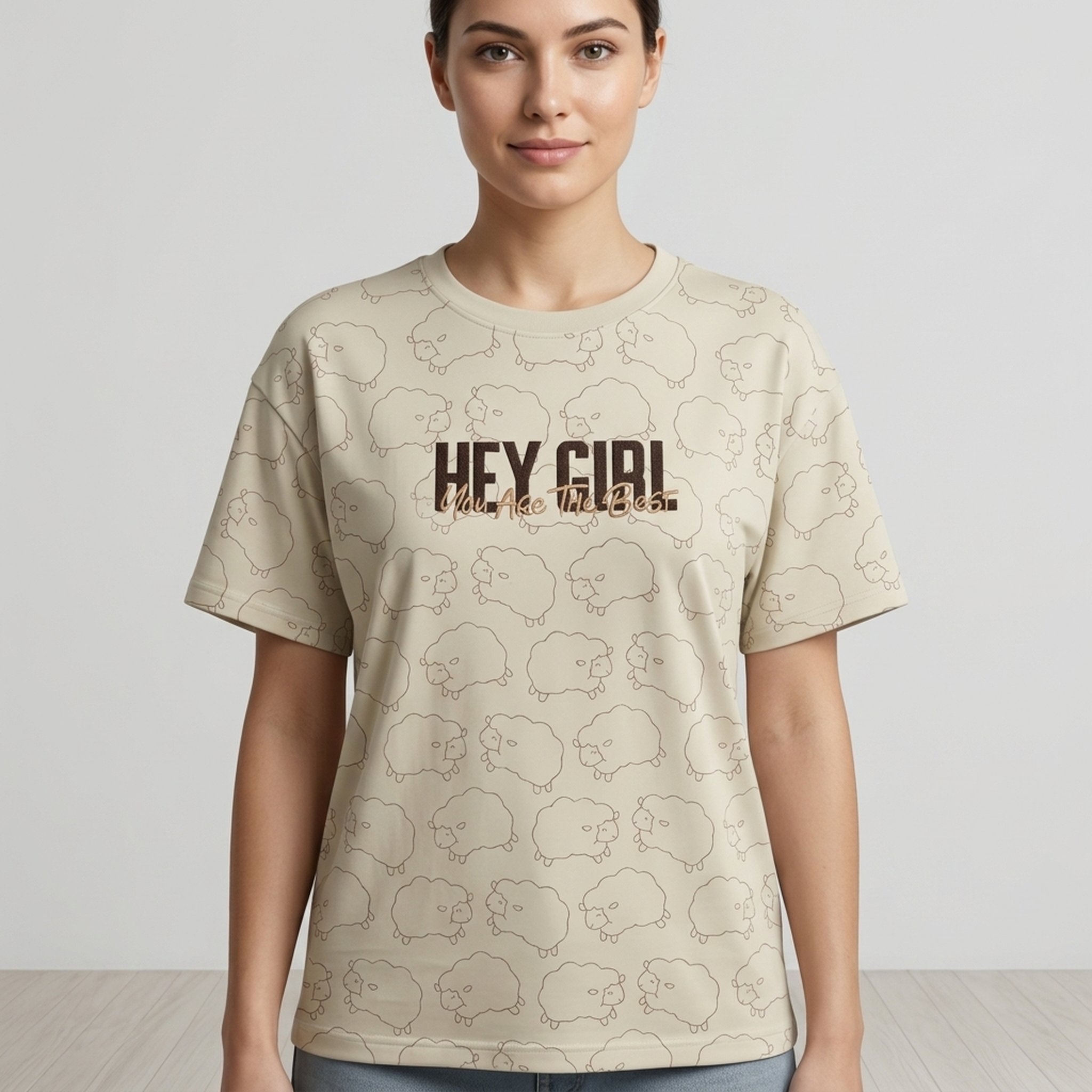 Women's Beige Sheep Print Graphic T-Shirt
