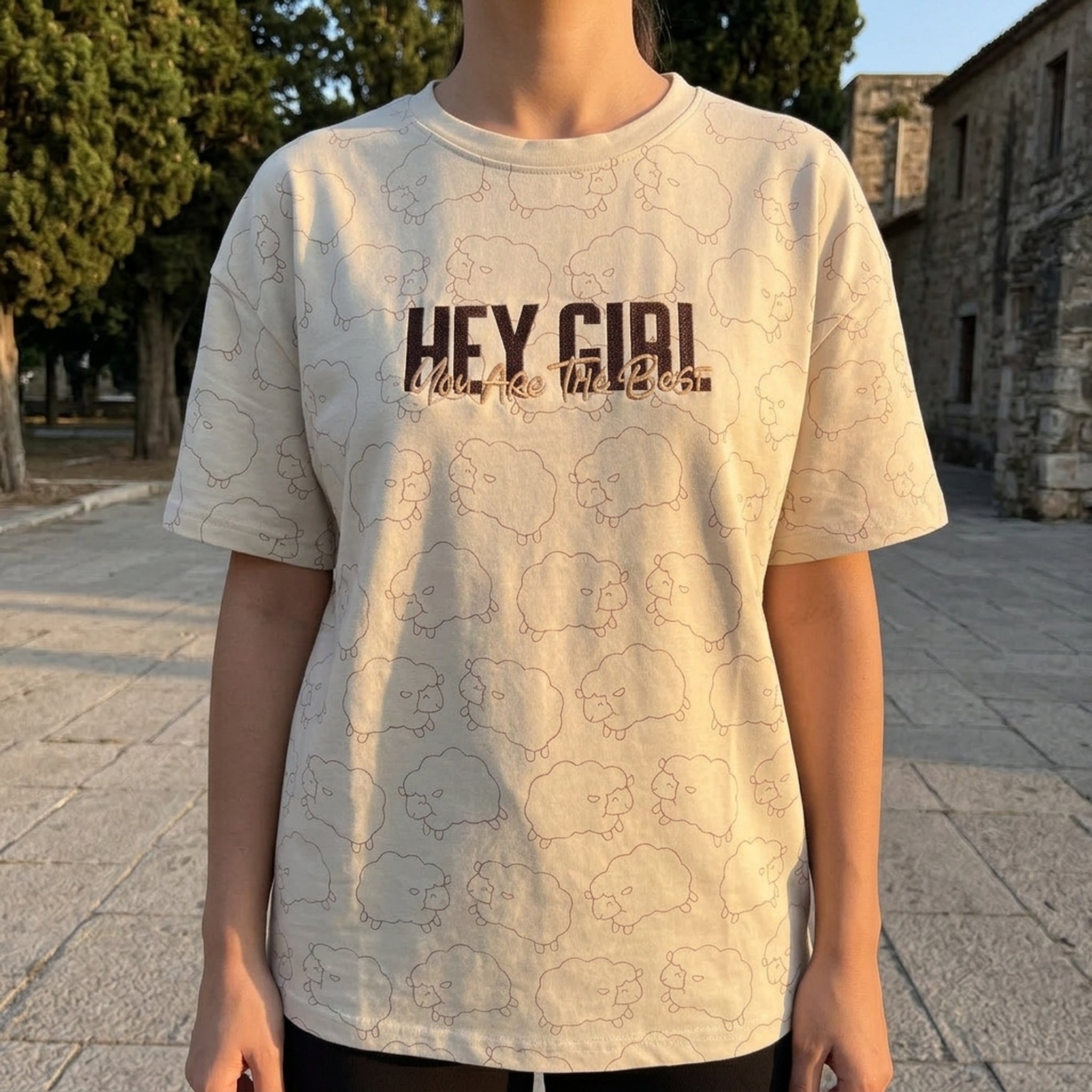 Women's Beige Sheep Print Graphic T-Shirt 5