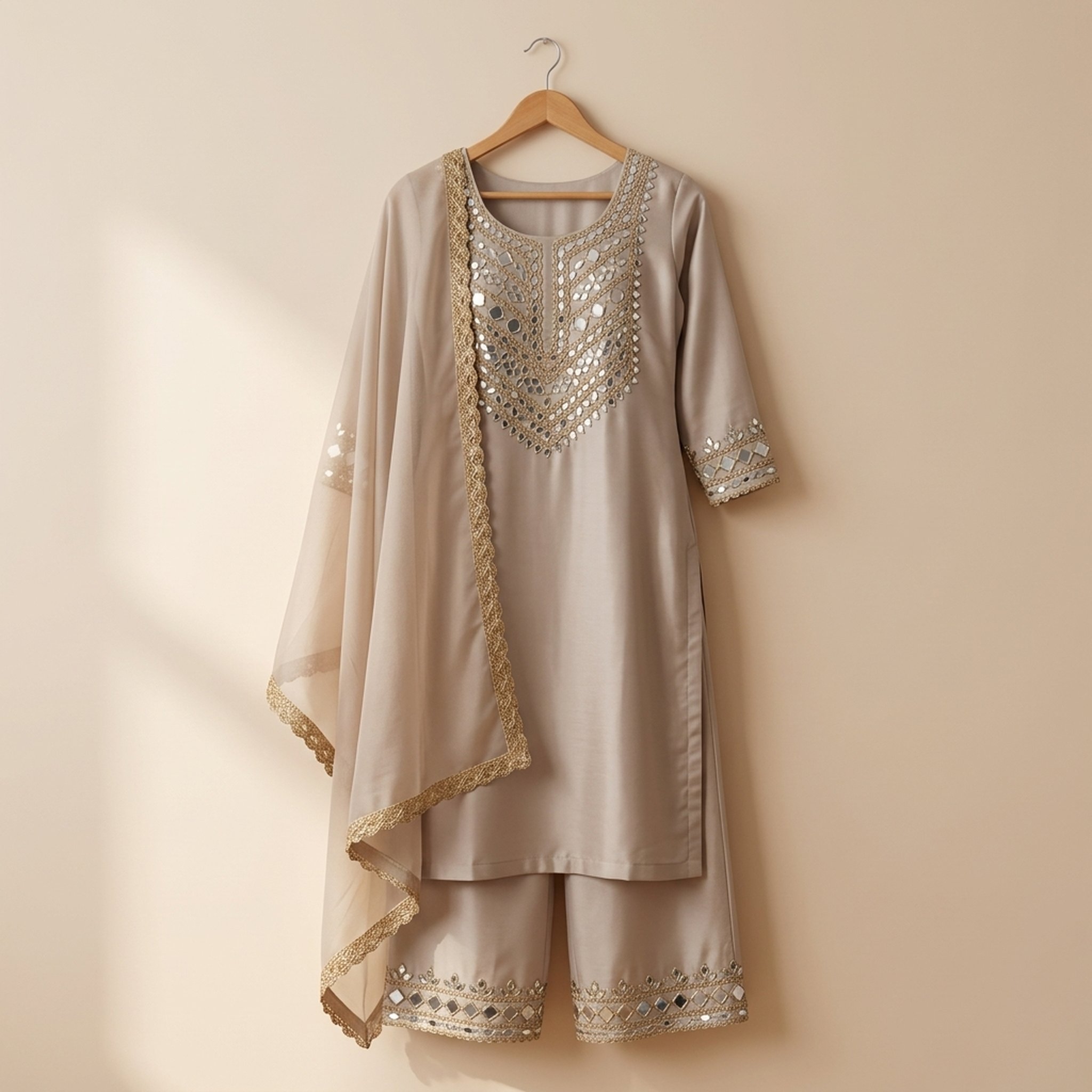 Women's Beige Mirror Work Salwar Suit 3