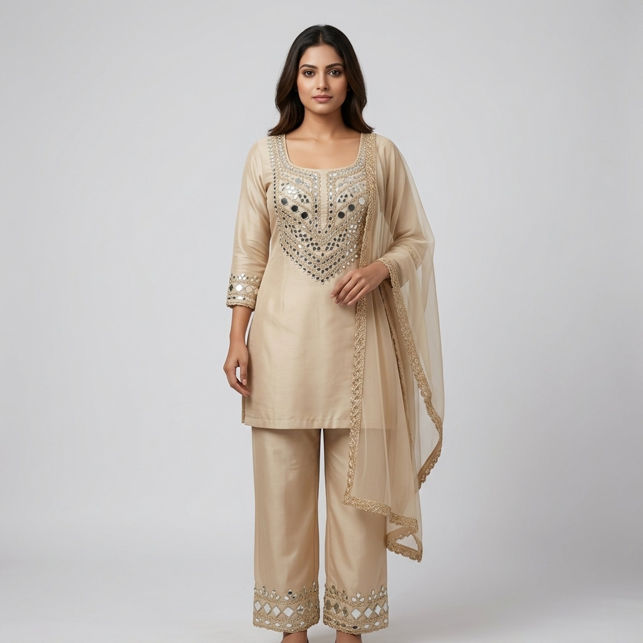 Women's Beige Mirror Work Salwar Suit