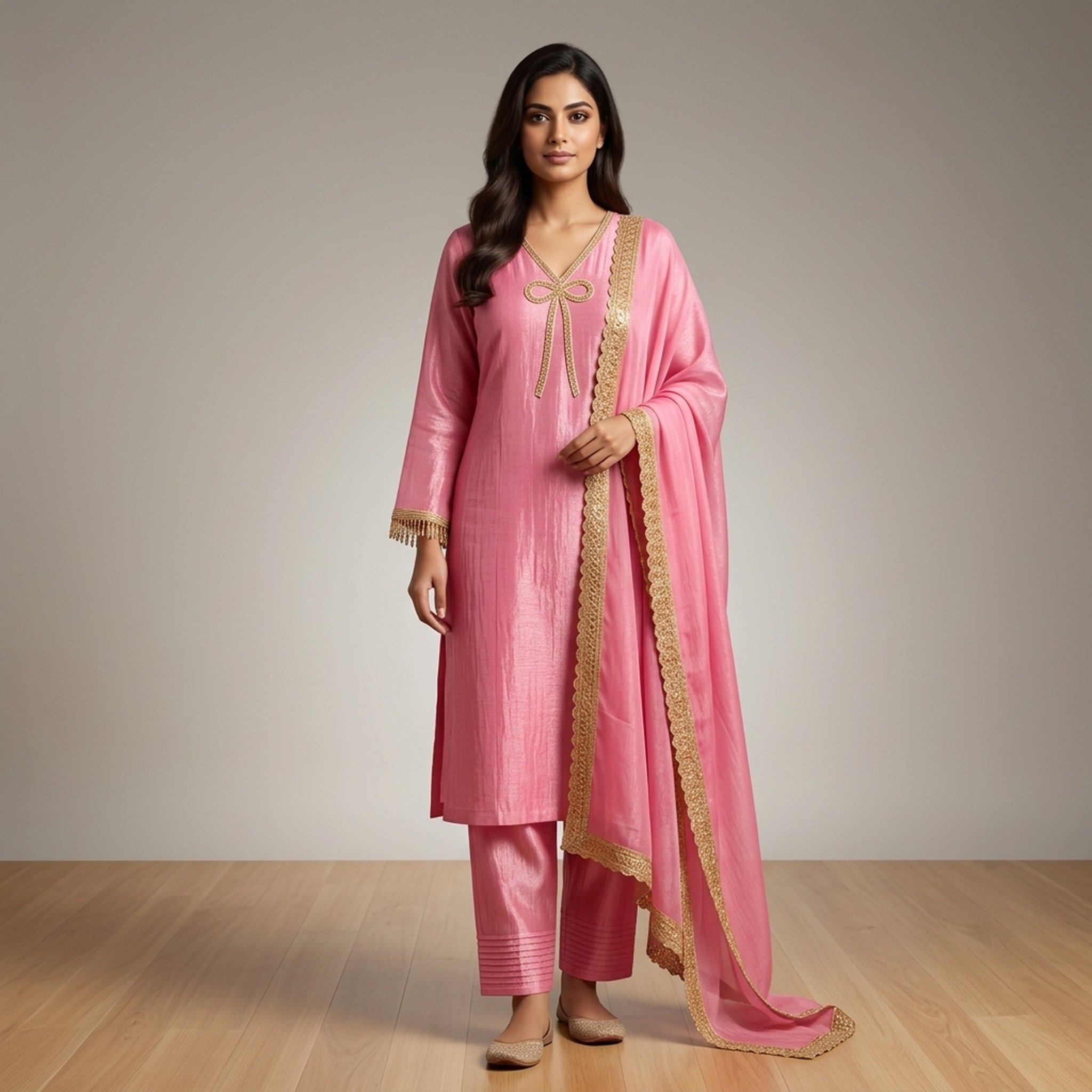 Pink Ethnic Kurta Pant Dupatta Set