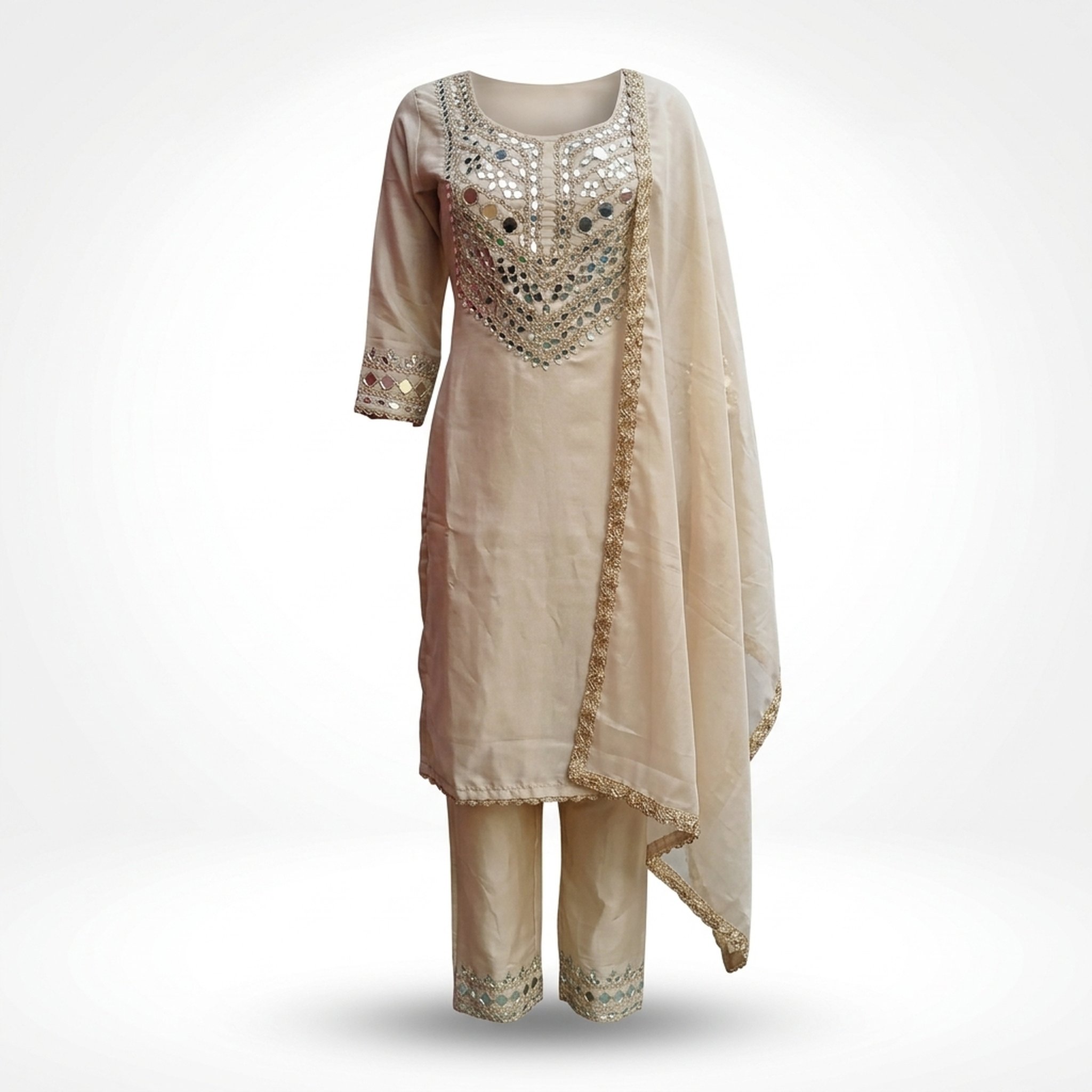 Women's Beige Mirror Work Salwar Suit 2