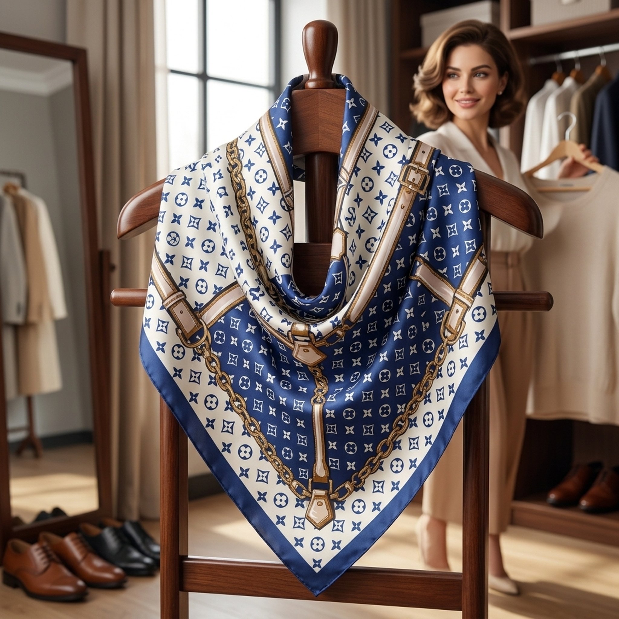 BLESSINGS Blue Patterned Silk Square Scarf