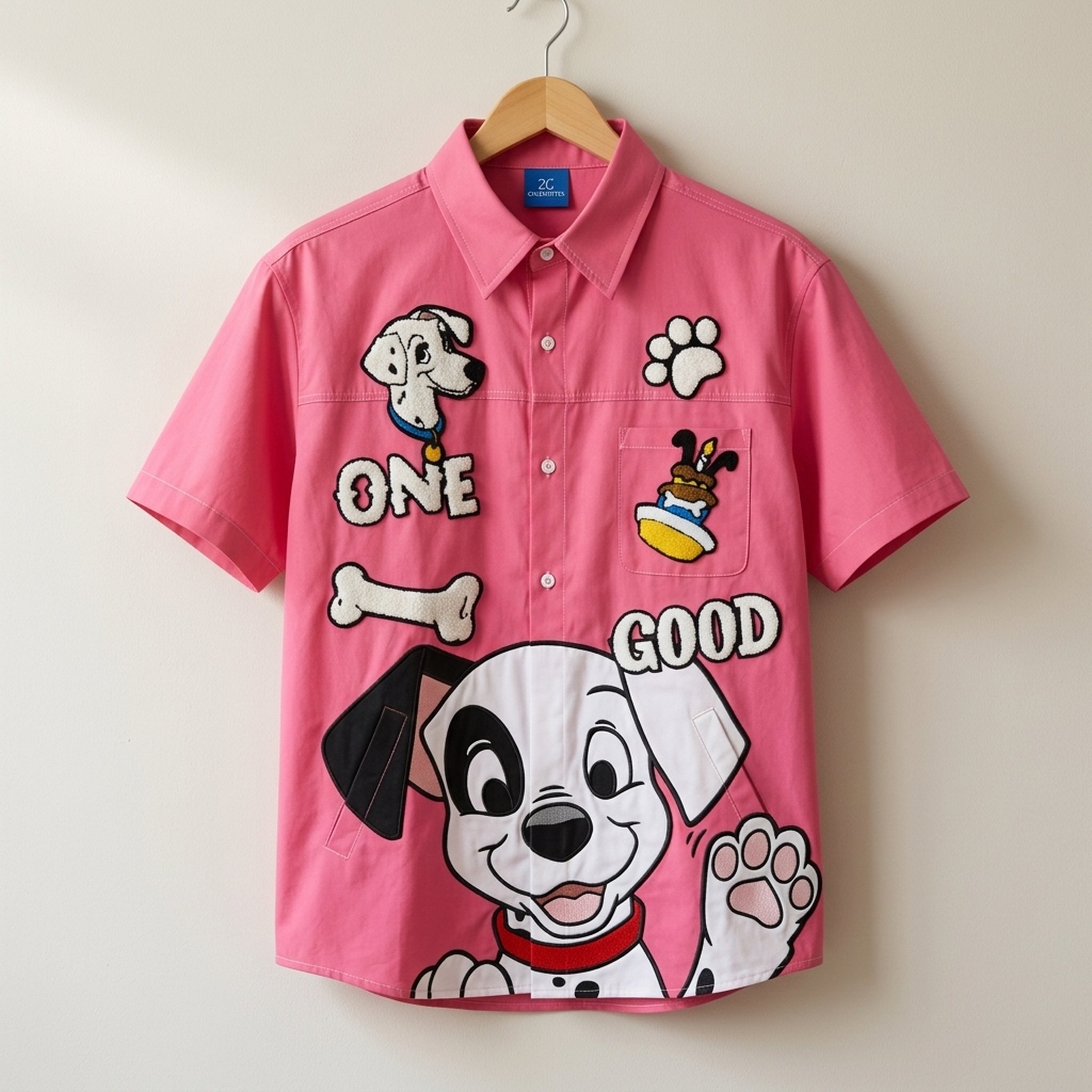 BLESSINGS Pink Cartoon Dog Embroidered Men's Shirt 3