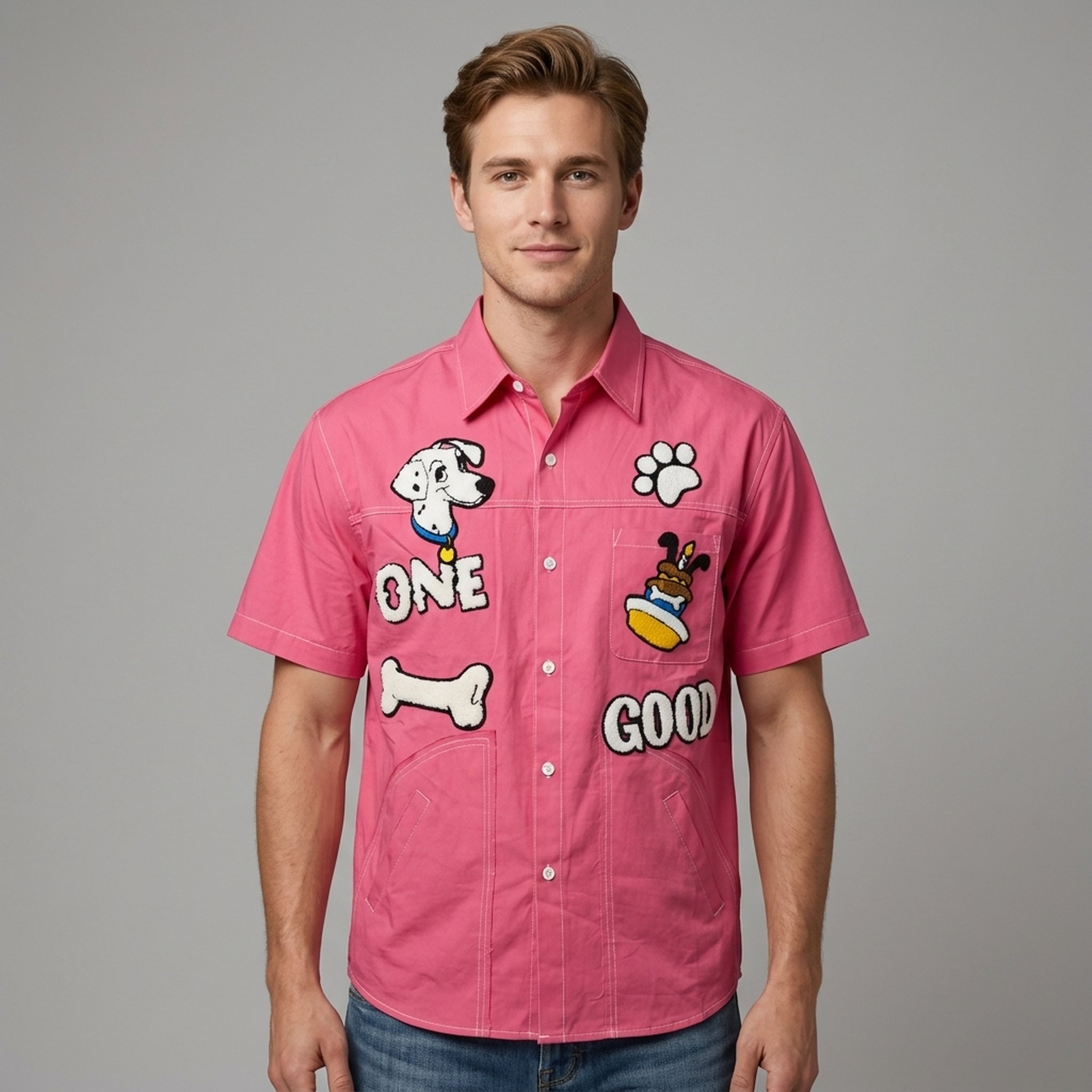 BLESSINGS Pink Cartoon Dog Embroidered Men's Shirt