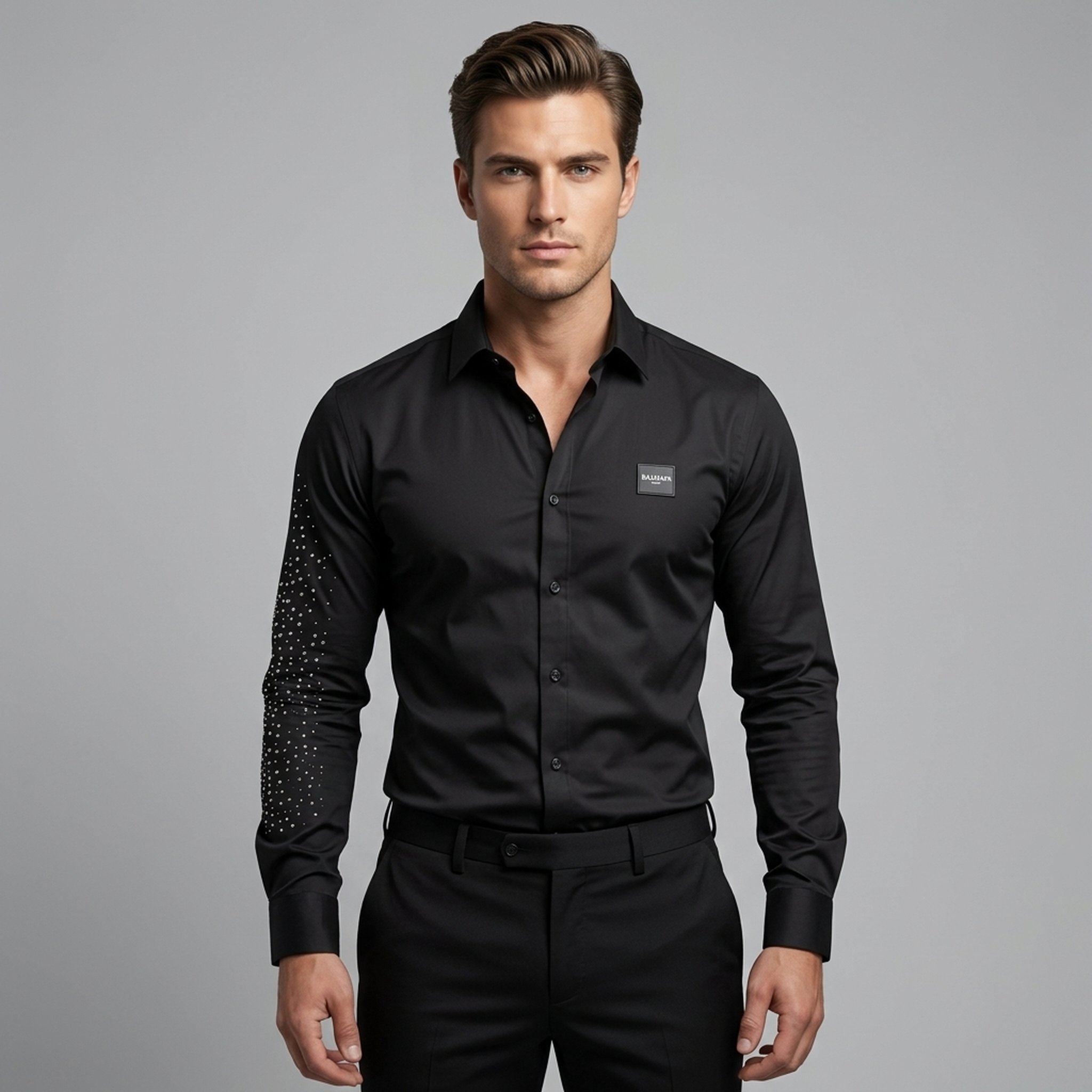BLESSINGS Men's Black Studded Long Sleeve Shirt
