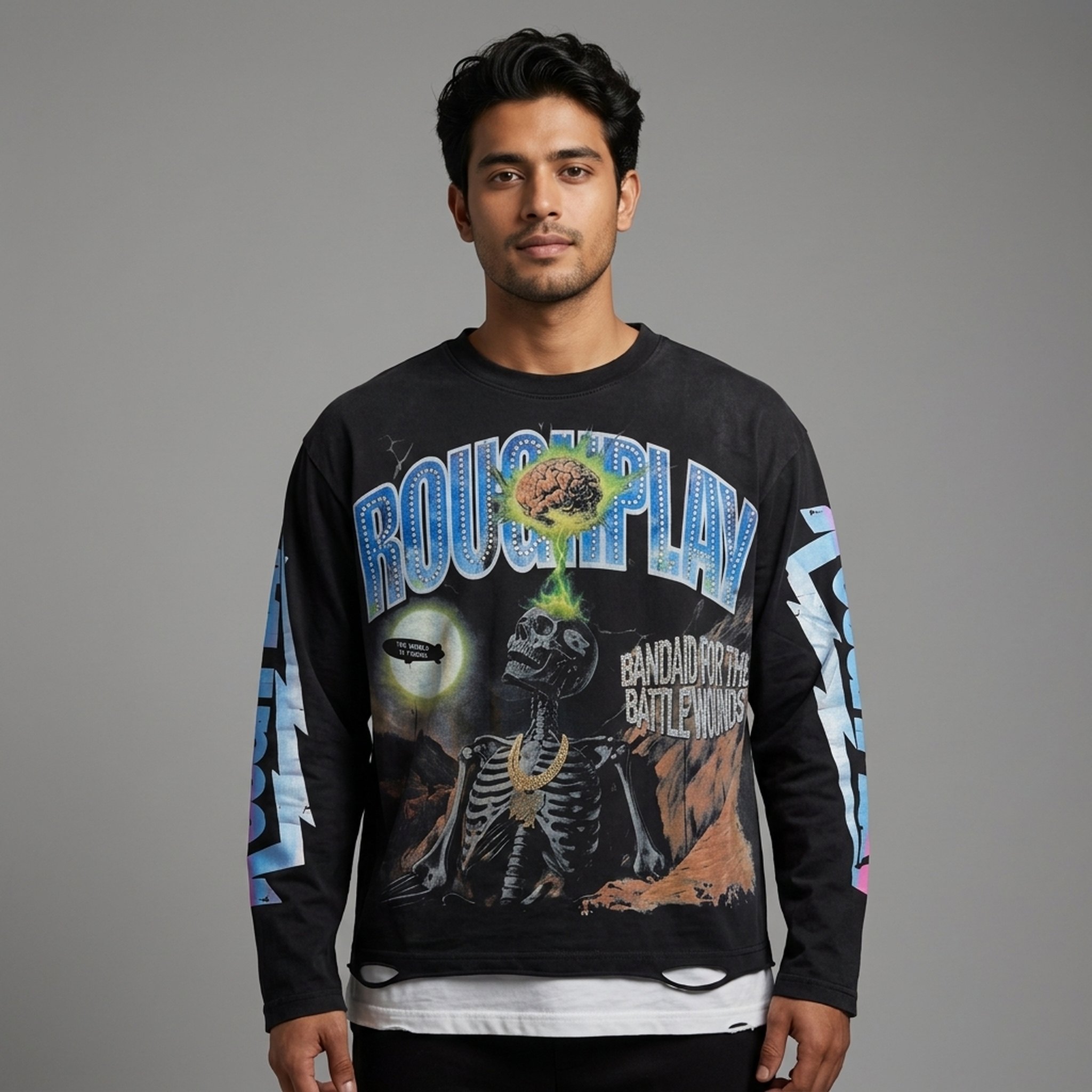 BLESSINGS Men's Graphic Washed Full Sleeve T-Shirt