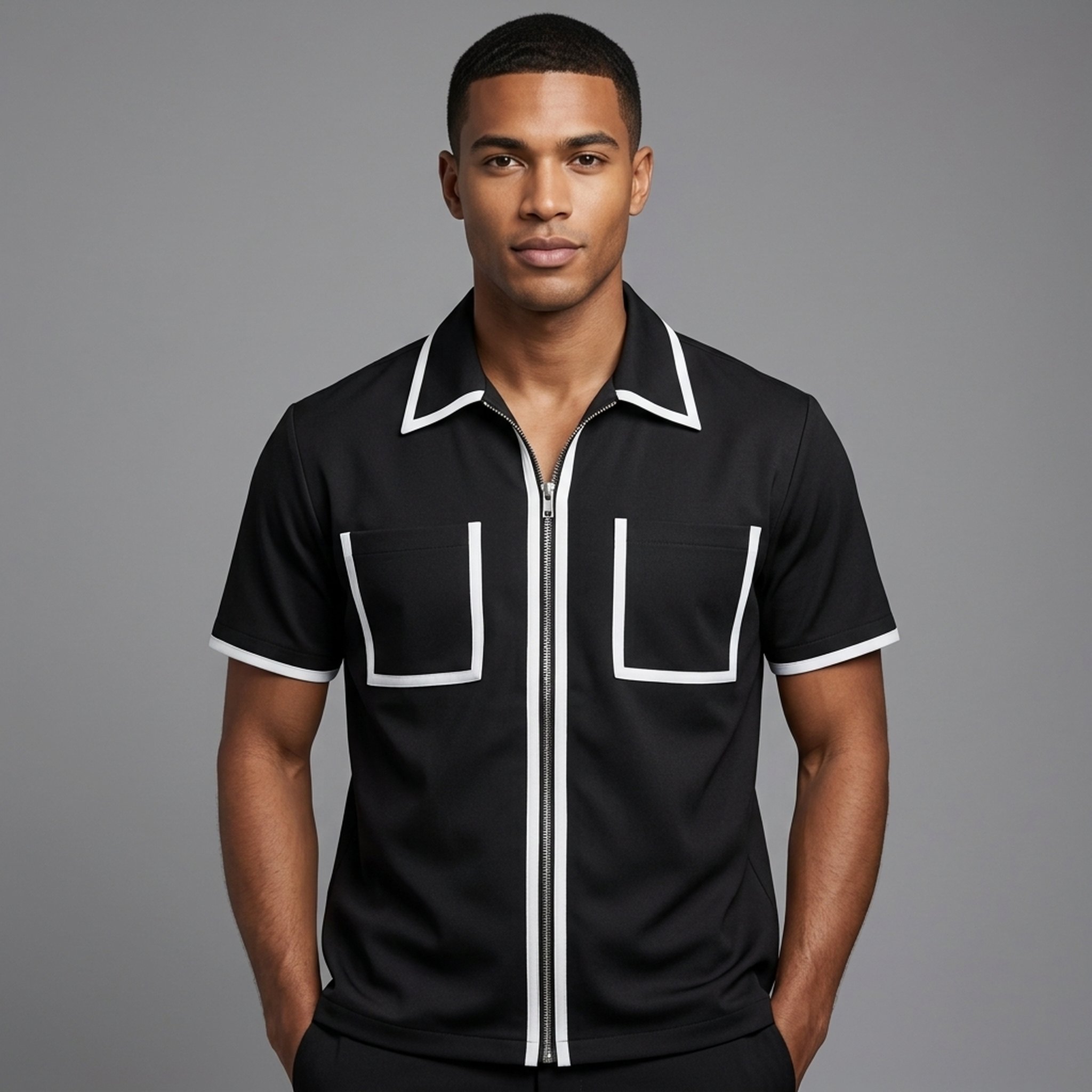 BLESSINGS Men's Black Full-Zip Collared Shirt