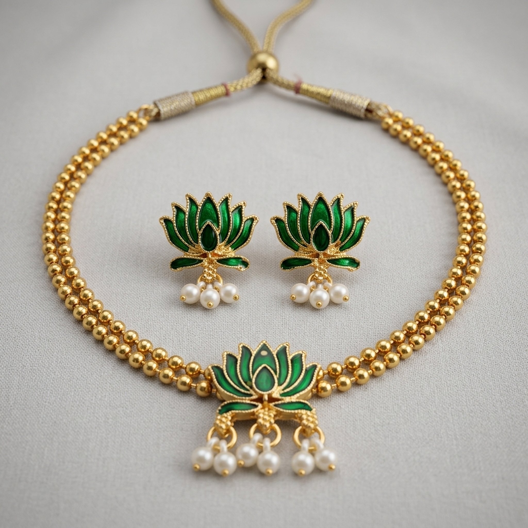 MEU Choices Gold Toned Green Lotus Jewellery Set 4