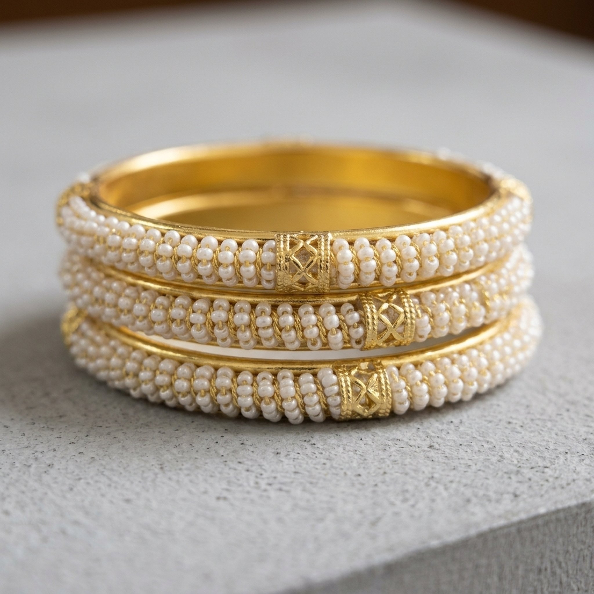 MEU Choices Gold-Toned Pearl Bangles Set 4