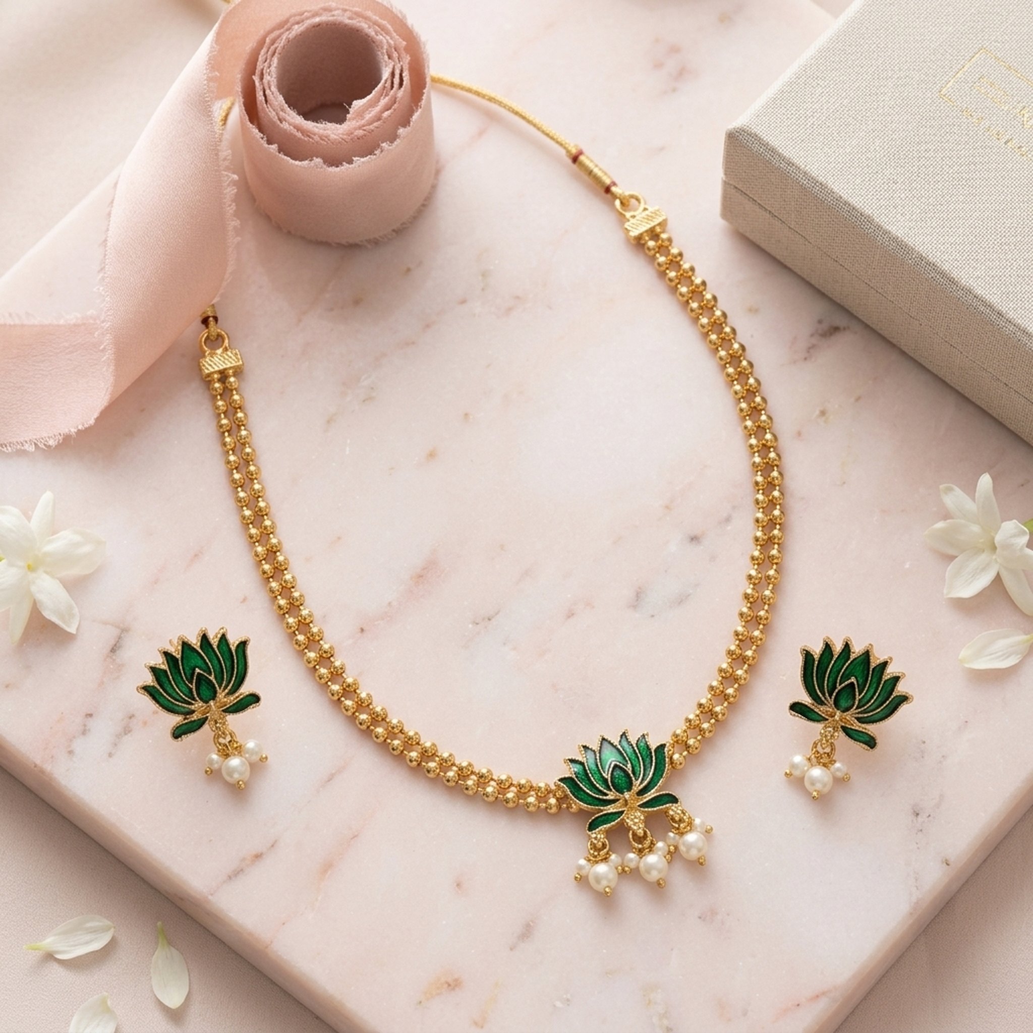 MEU Choices Gold Toned Green Lotus Jewellery Set 3