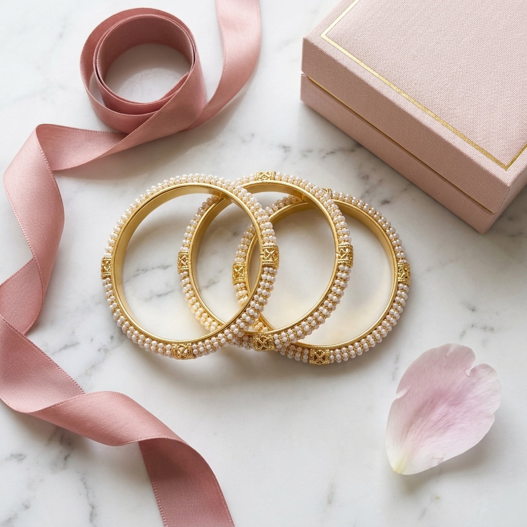 MEU Choices Gold-Toned Pearl Bangles Set 3