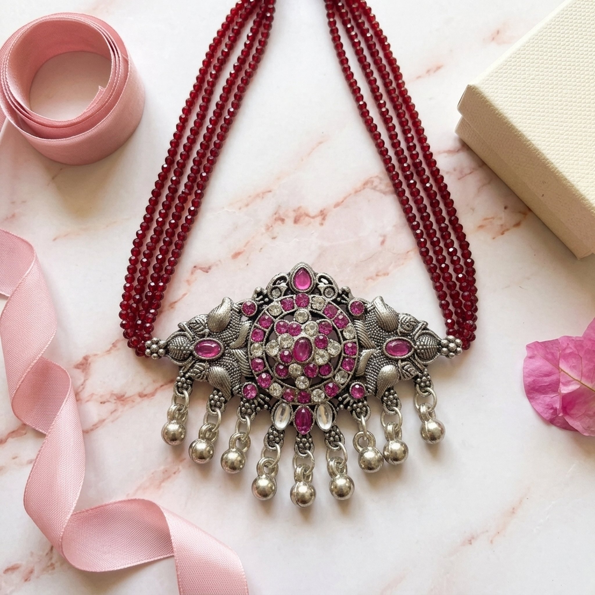 MEU Choices Oxidized Silver Ruby Stone Beaded Necklace 2
