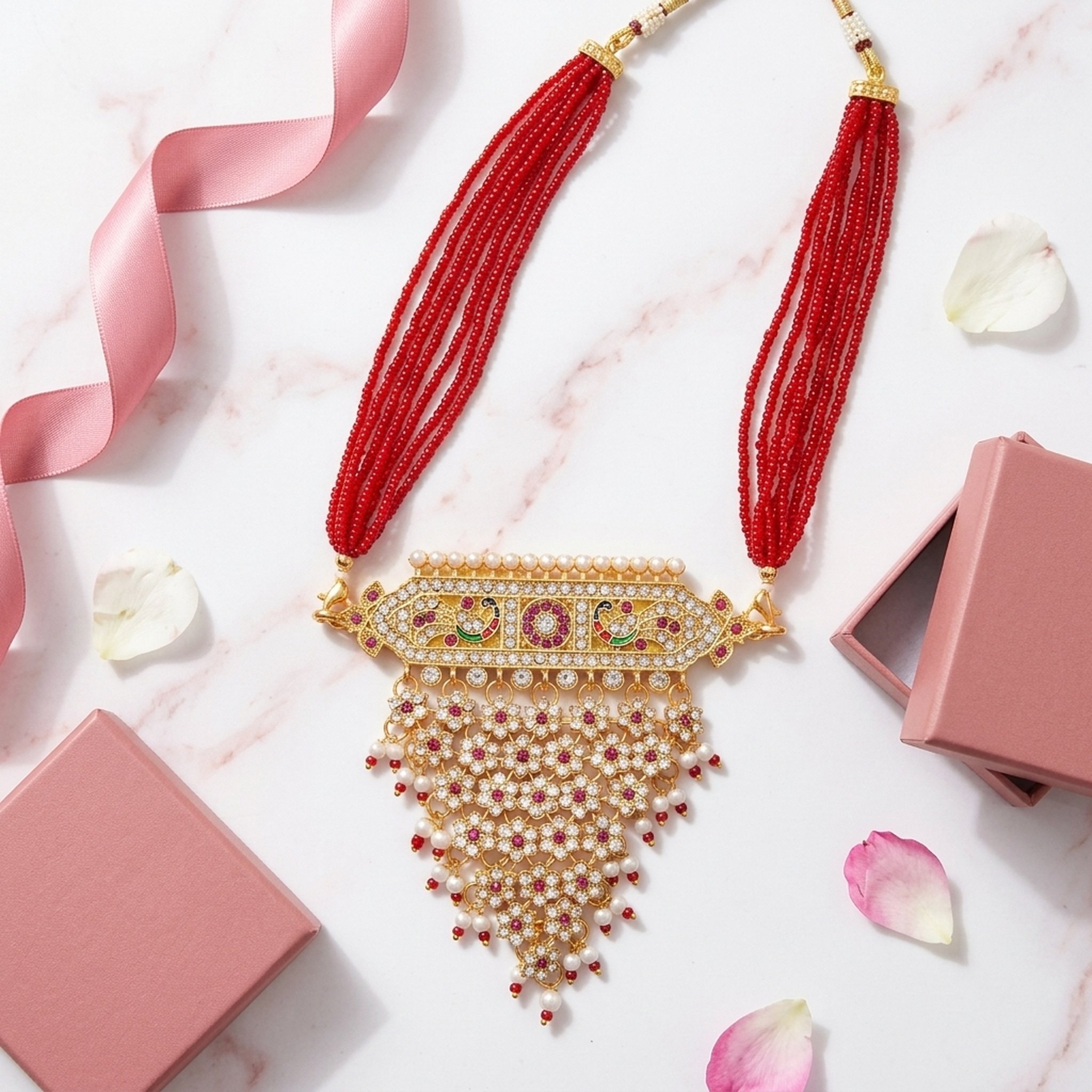 MEU Choices Red Beaded Polki Style Necklace 3