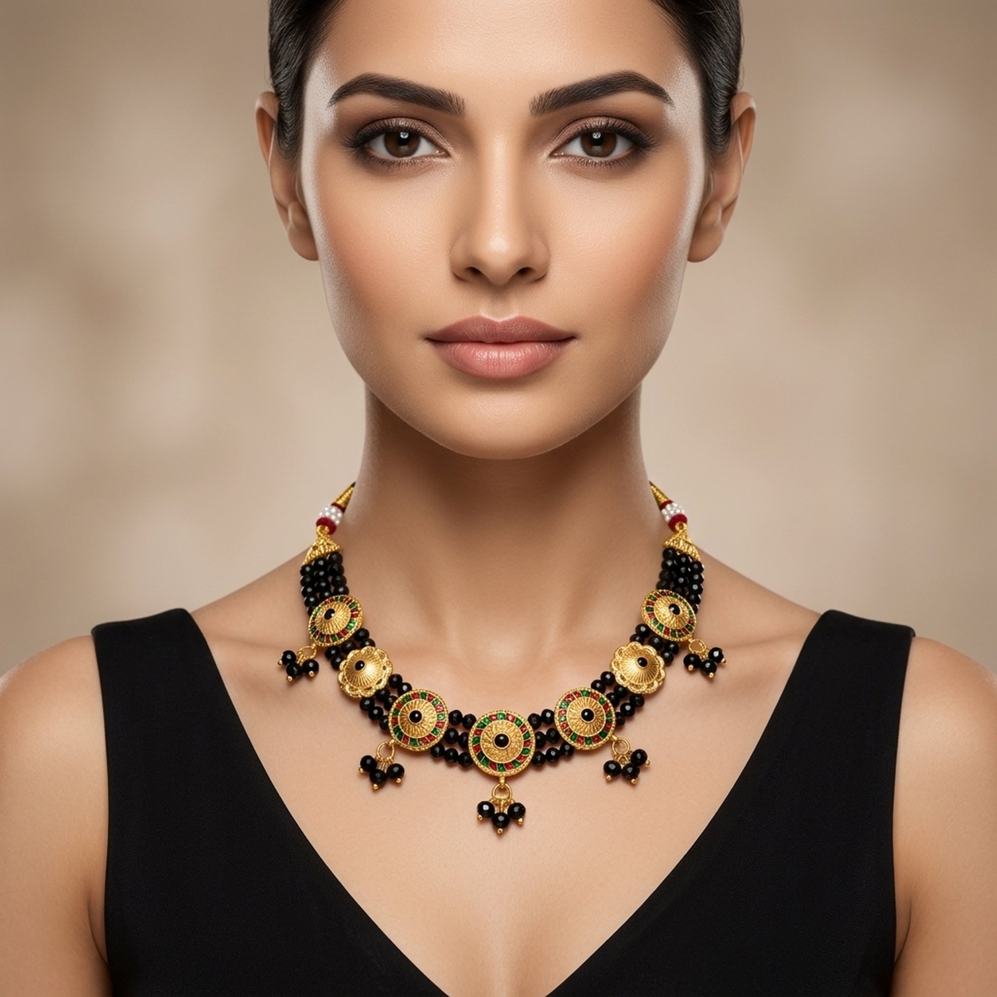 MEU Choices Traditional Black Bead Gold-Toned Necklace