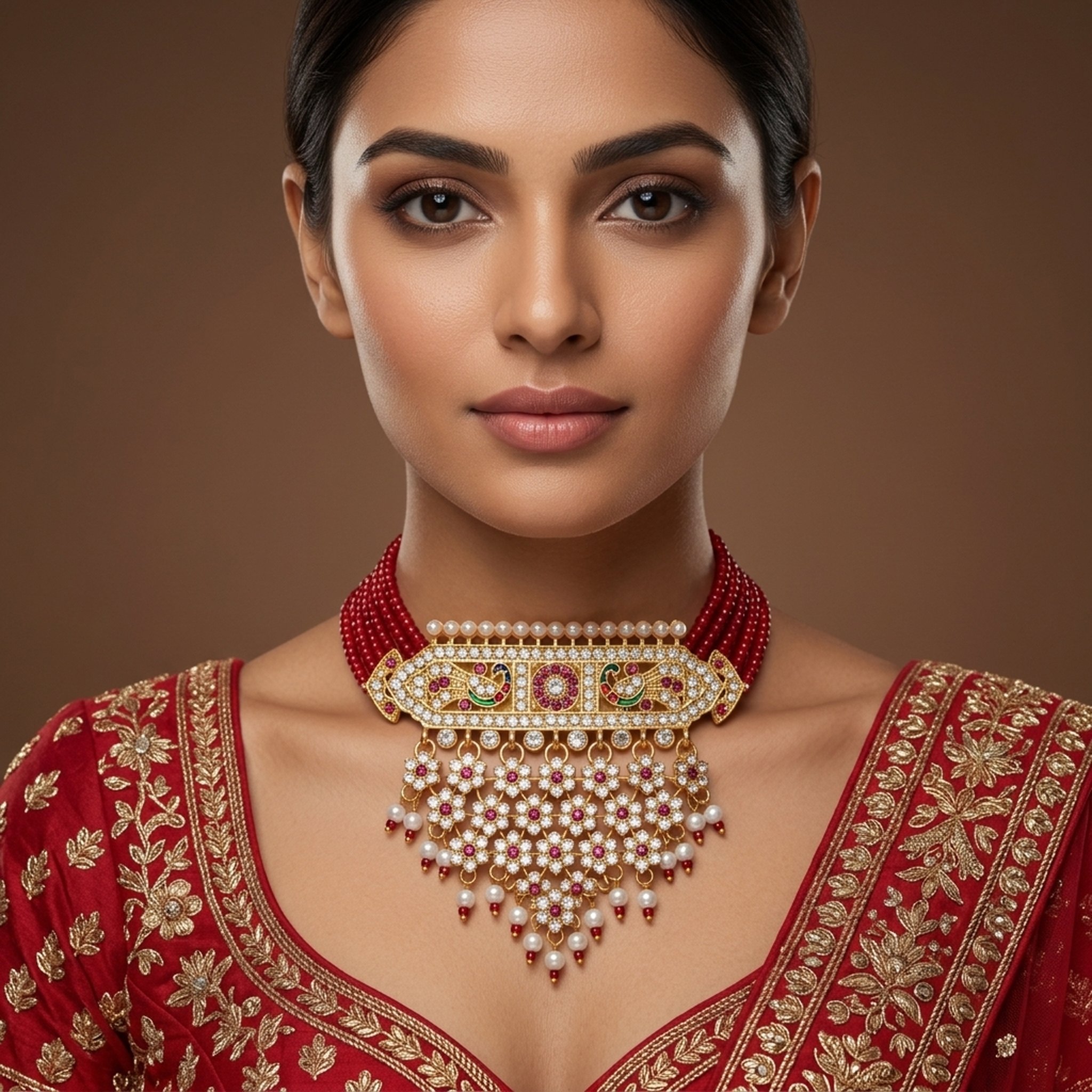 MEU Choices Red Beaded Polki Style Necklace