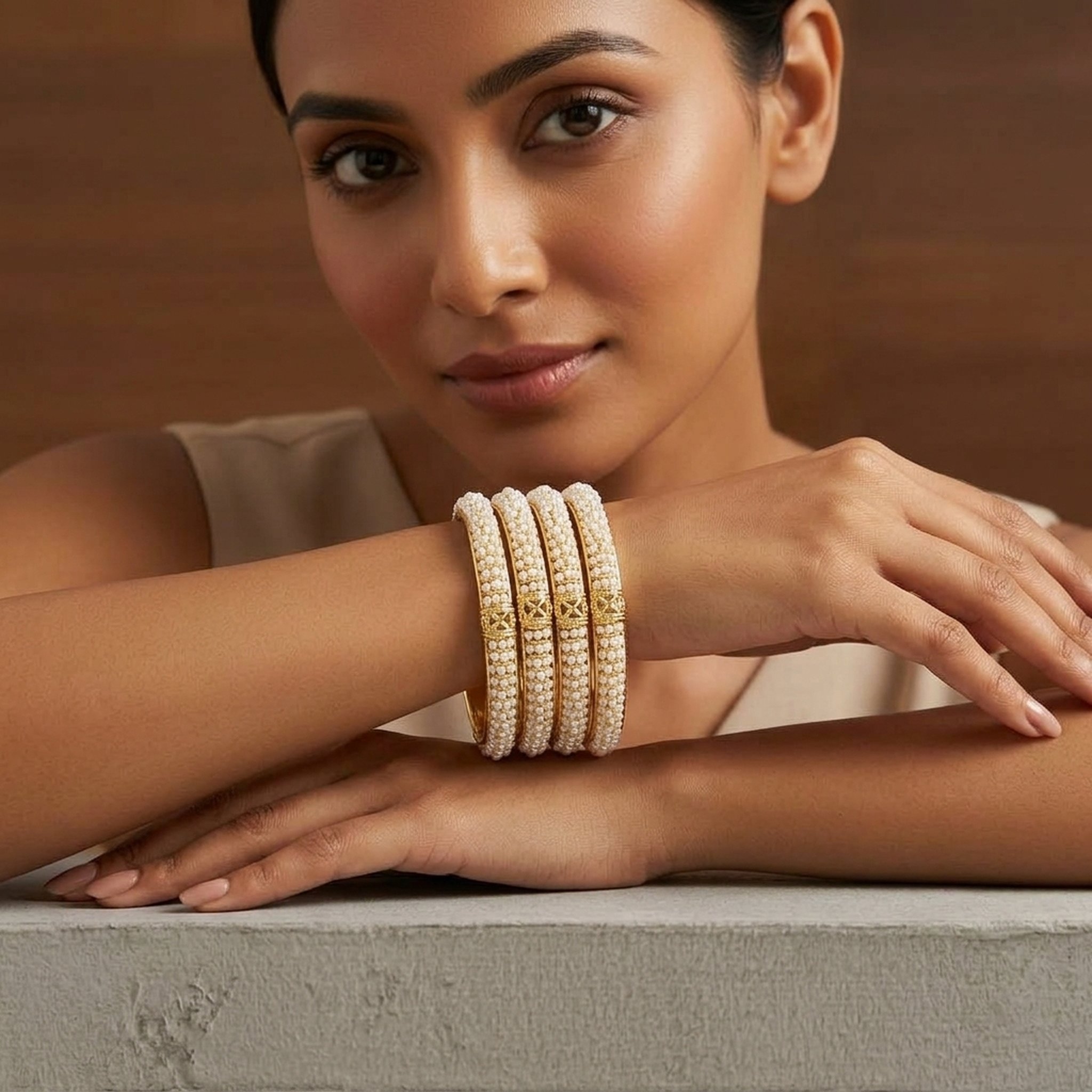 MEU Choices Gold-Toned Pearl Bangles Set