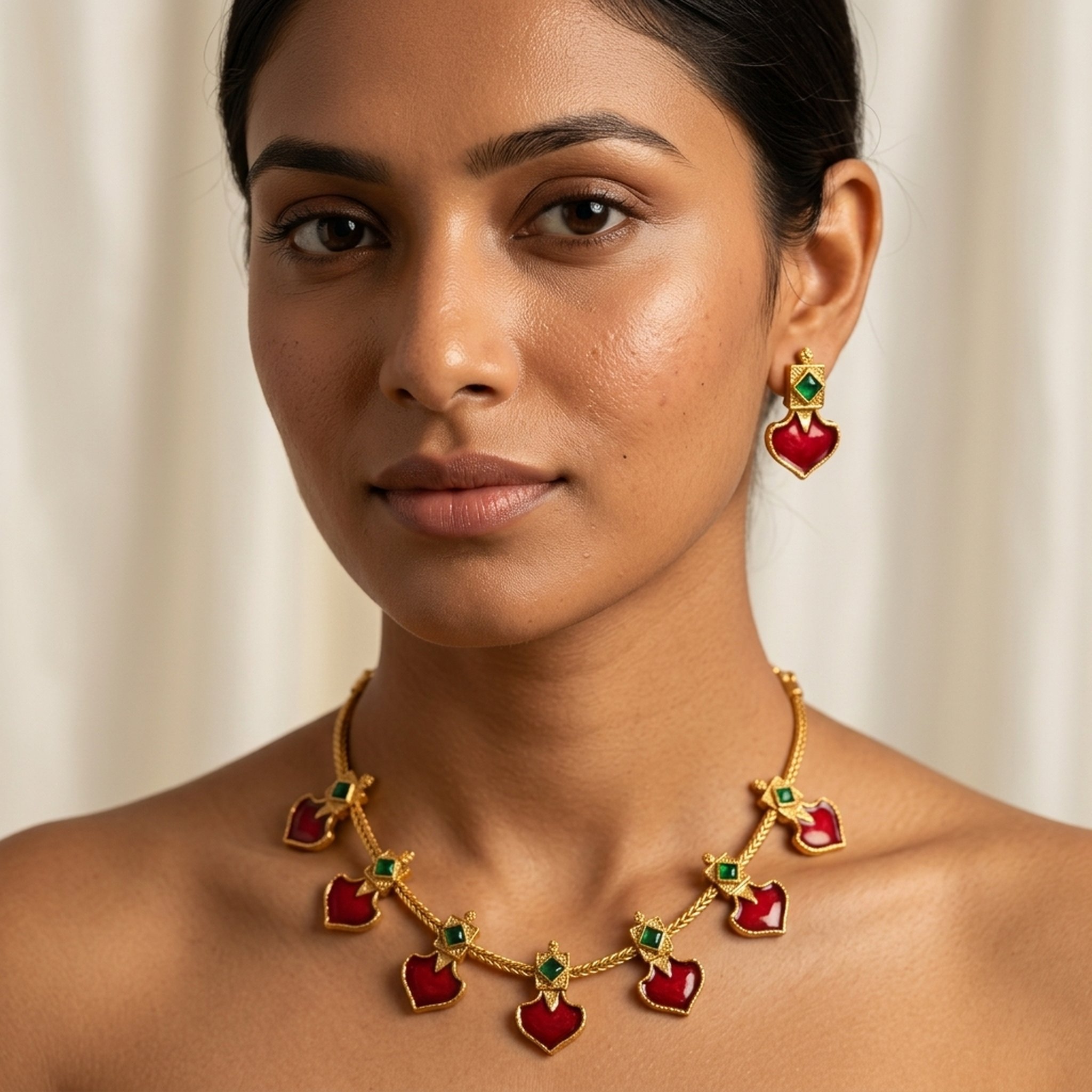 MEU Choices Gold-Toned Red Enamel Necklace Earring Set