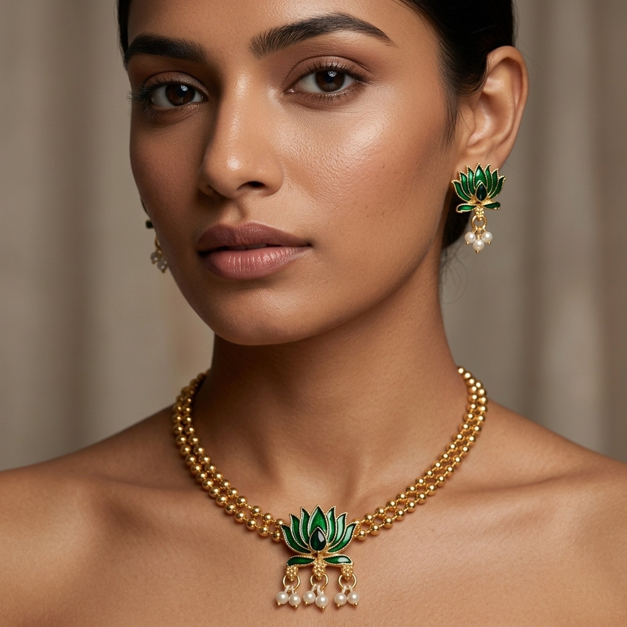 MEU Choices Gold Toned Green Lotus Jewellery Set