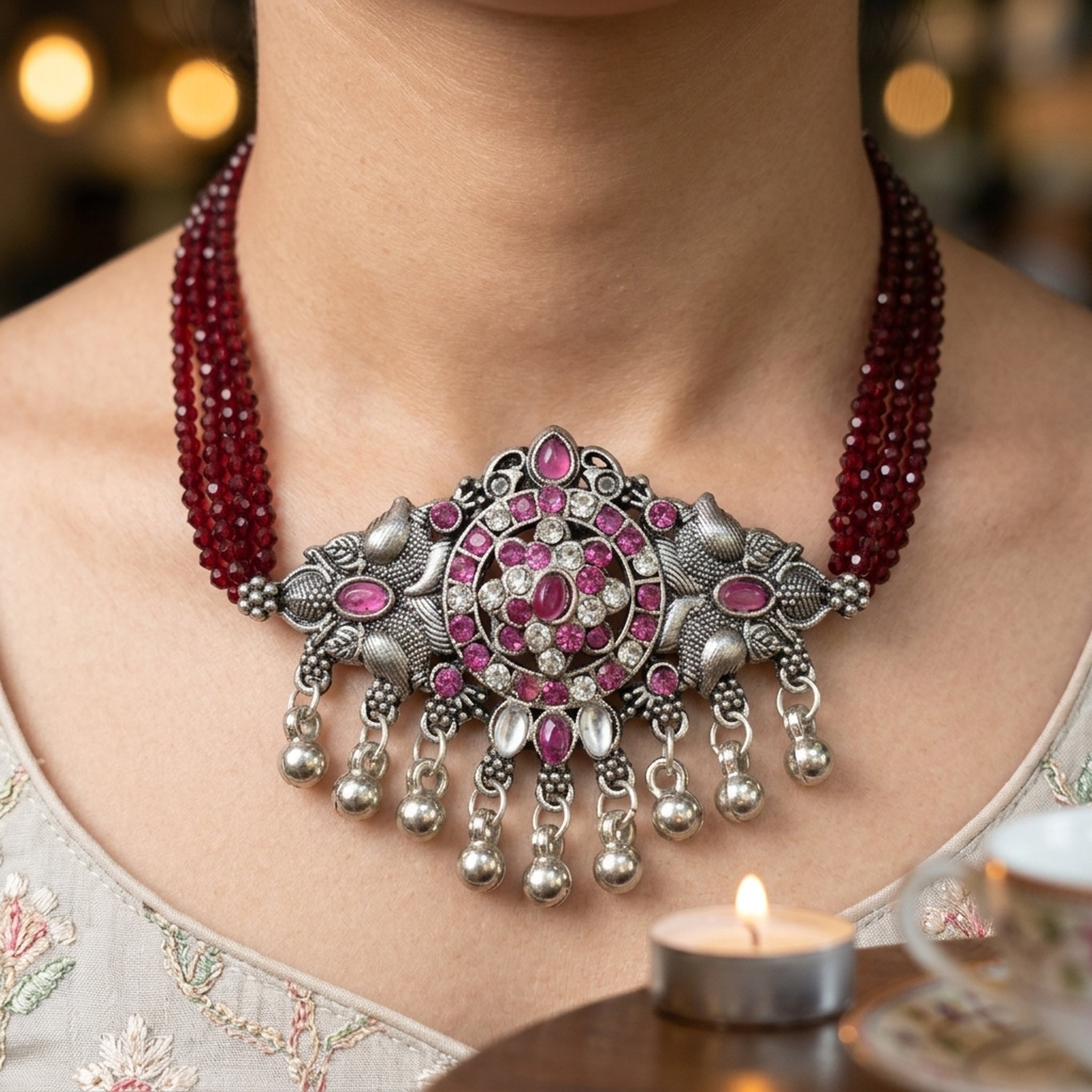 MEU Choices Oxidized Silver Ruby Stone Beaded Necklace 4