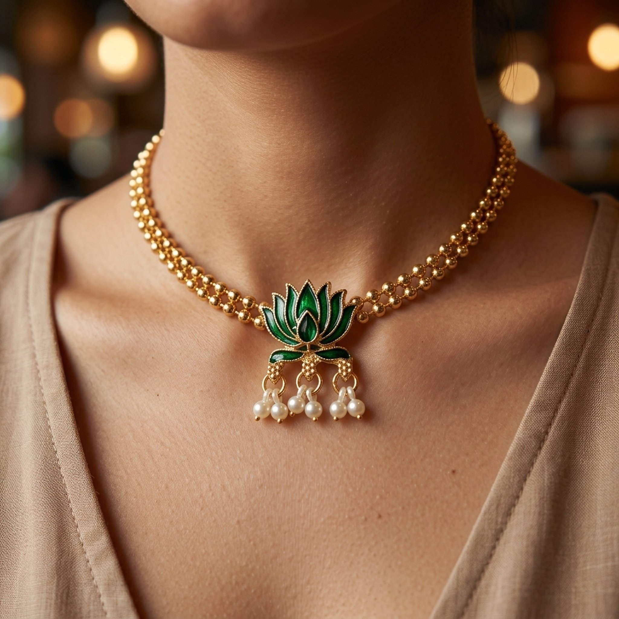 MEU Choices Gold Toned Green Lotus Jewellery Set 5