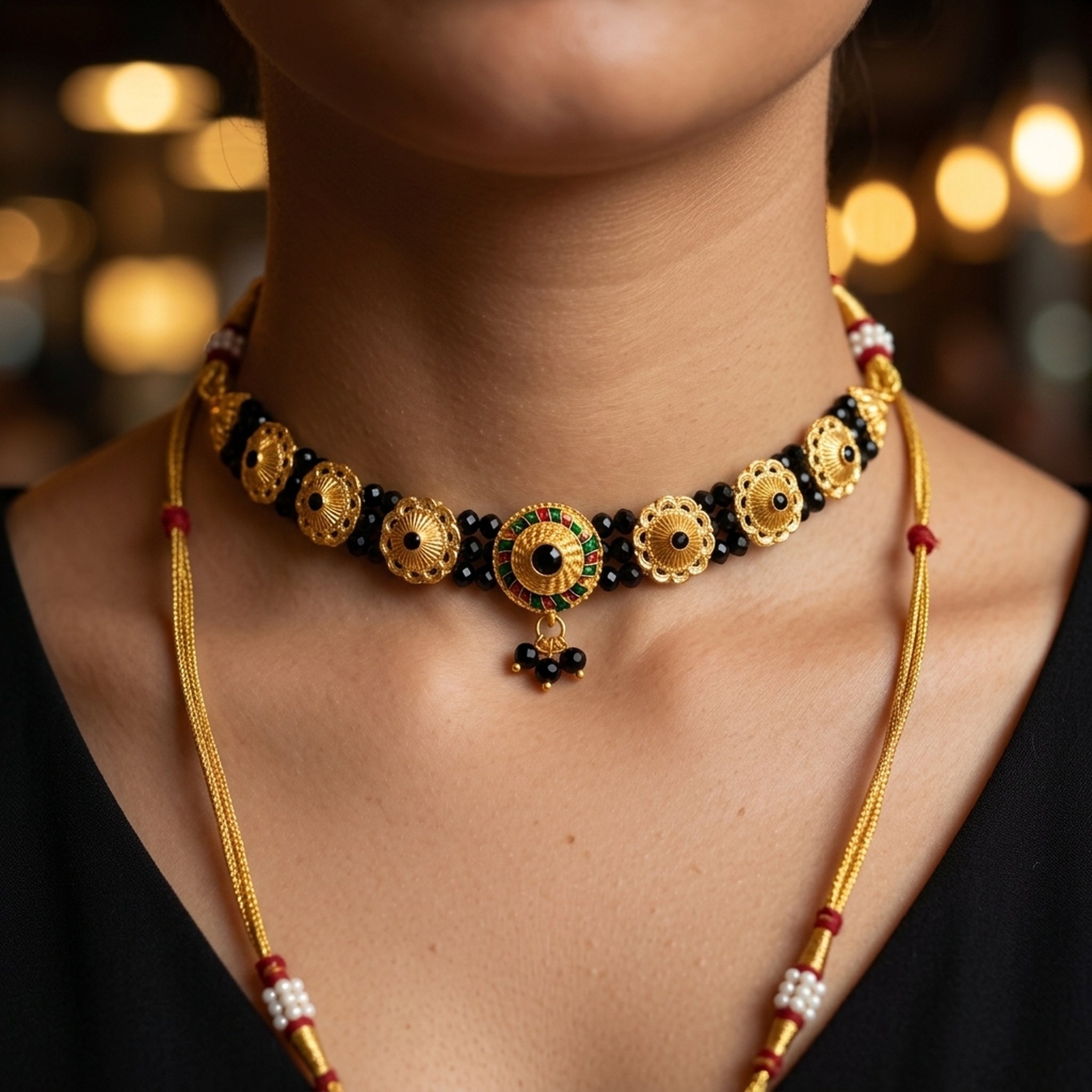 MEU Choices Traditional Black Bead Gold-Toned Necklace 5