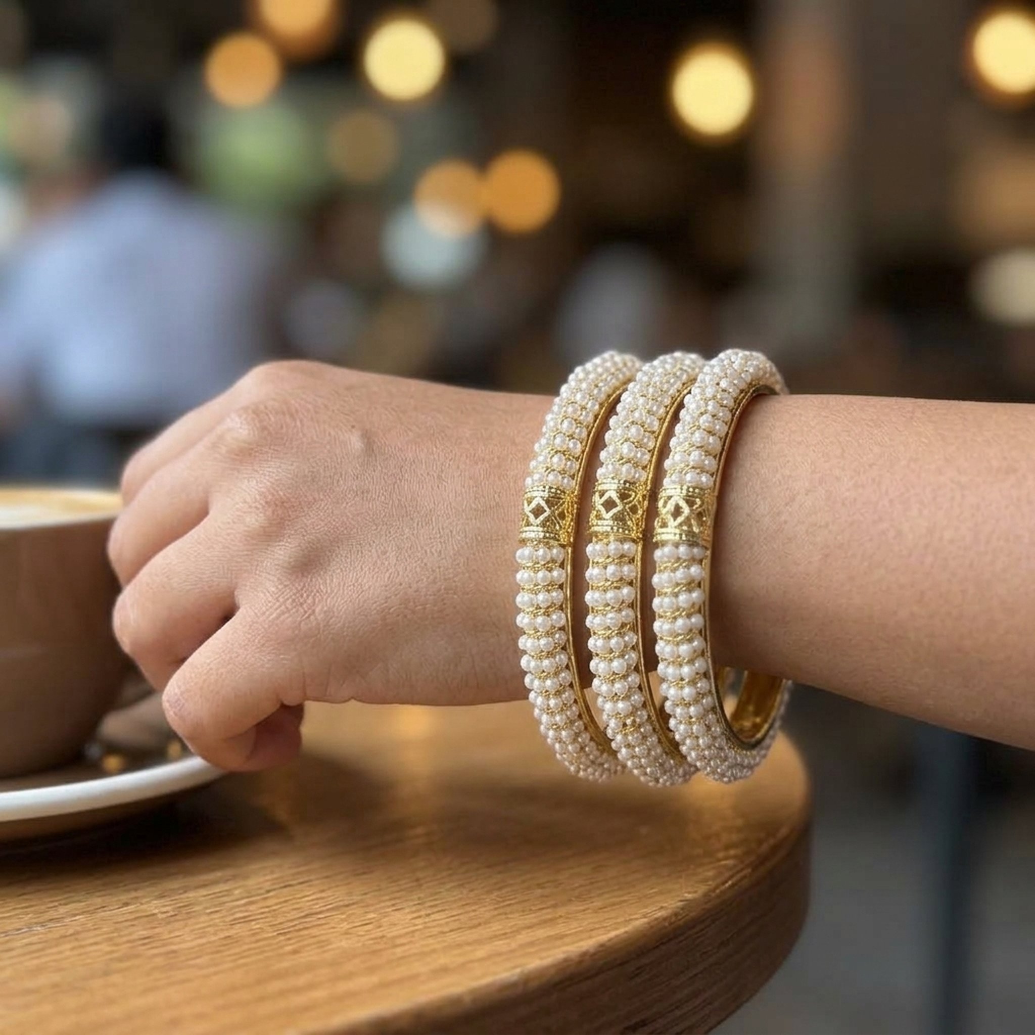 MEU Choices Gold-Toned Pearl Bangles Set 5