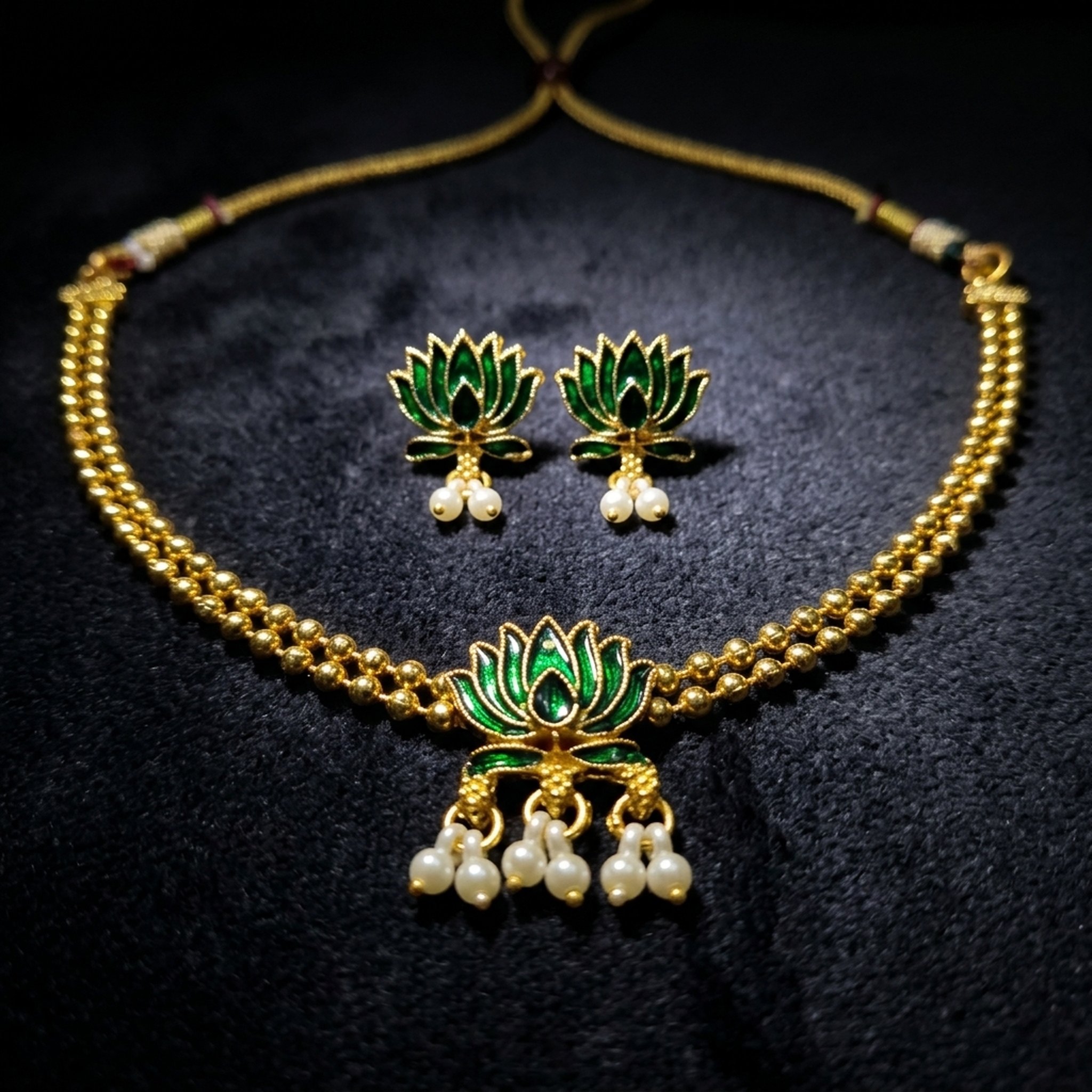 MEU Choices Gold Toned Green Lotus Jewellery Set 2