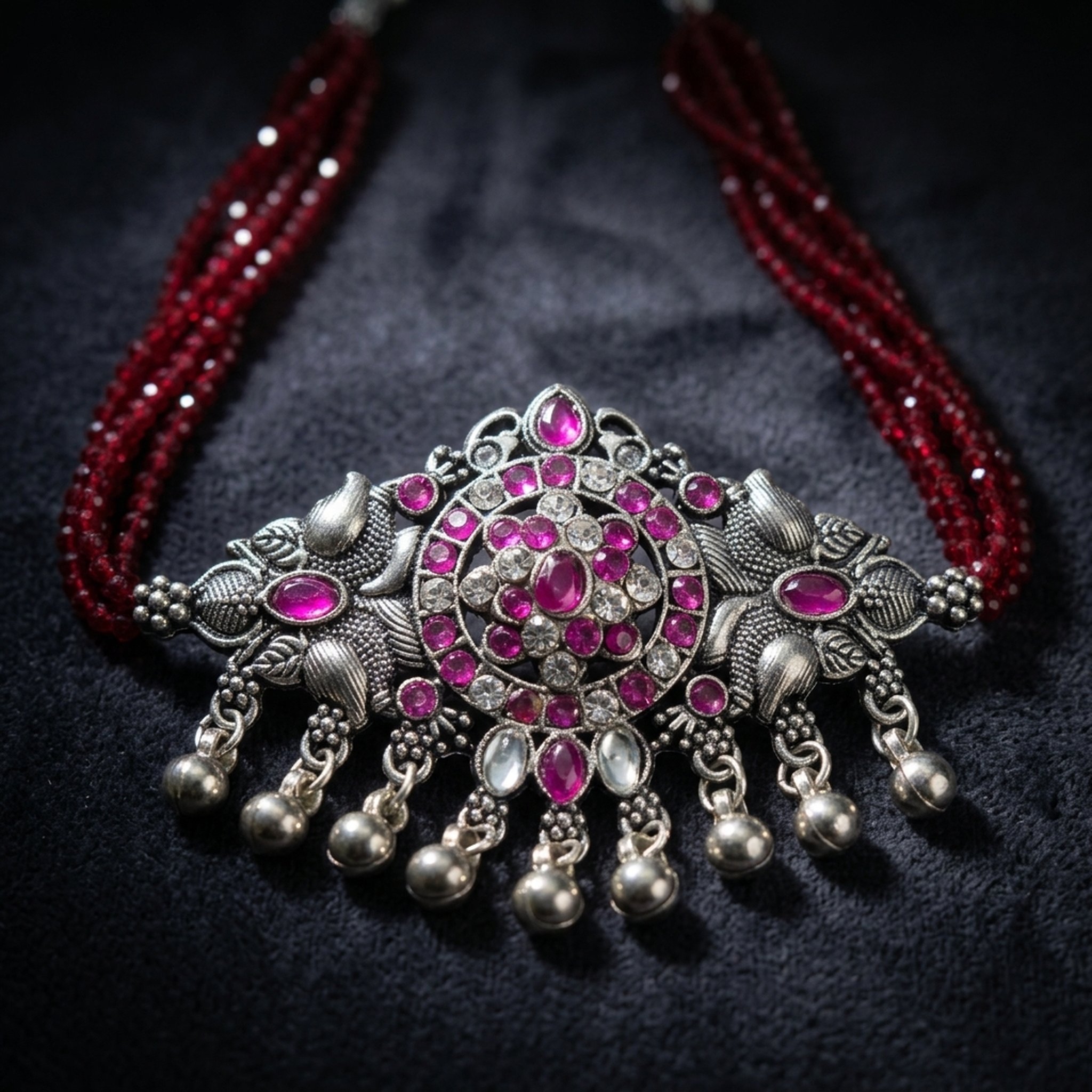 MEU Choices Oxidized Silver Ruby Stone Beaded Necklace