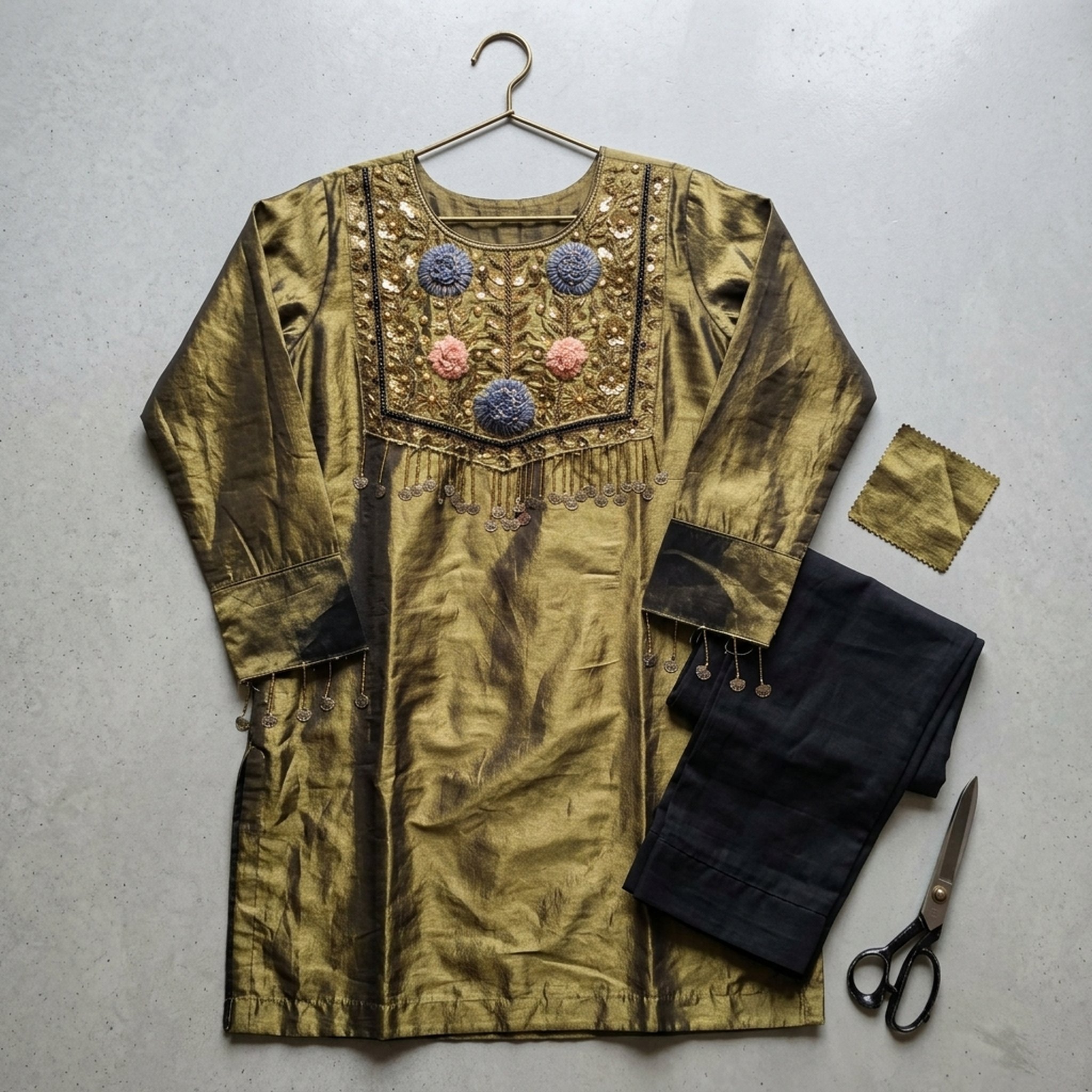 Trendy hangers Women's Embroidered Olive Silk Kurta Set 4
