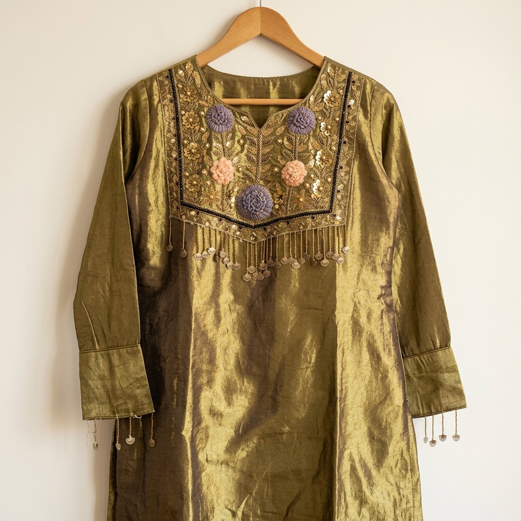 Trendy hangers Women's Embroidered Olive Silk Kurta Set 3