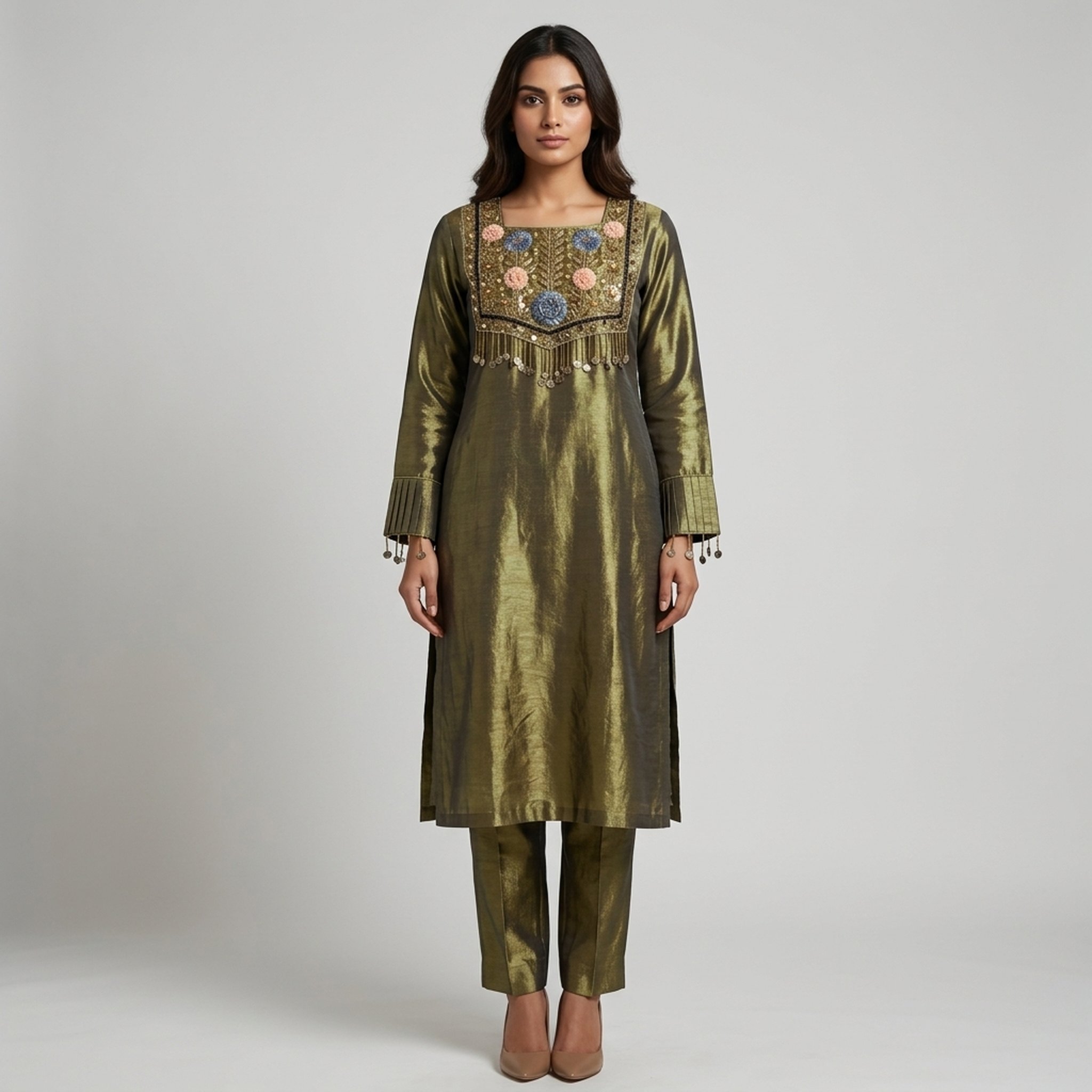 Trendy hangers Women's Embroidered Olive Silk Kurta Set