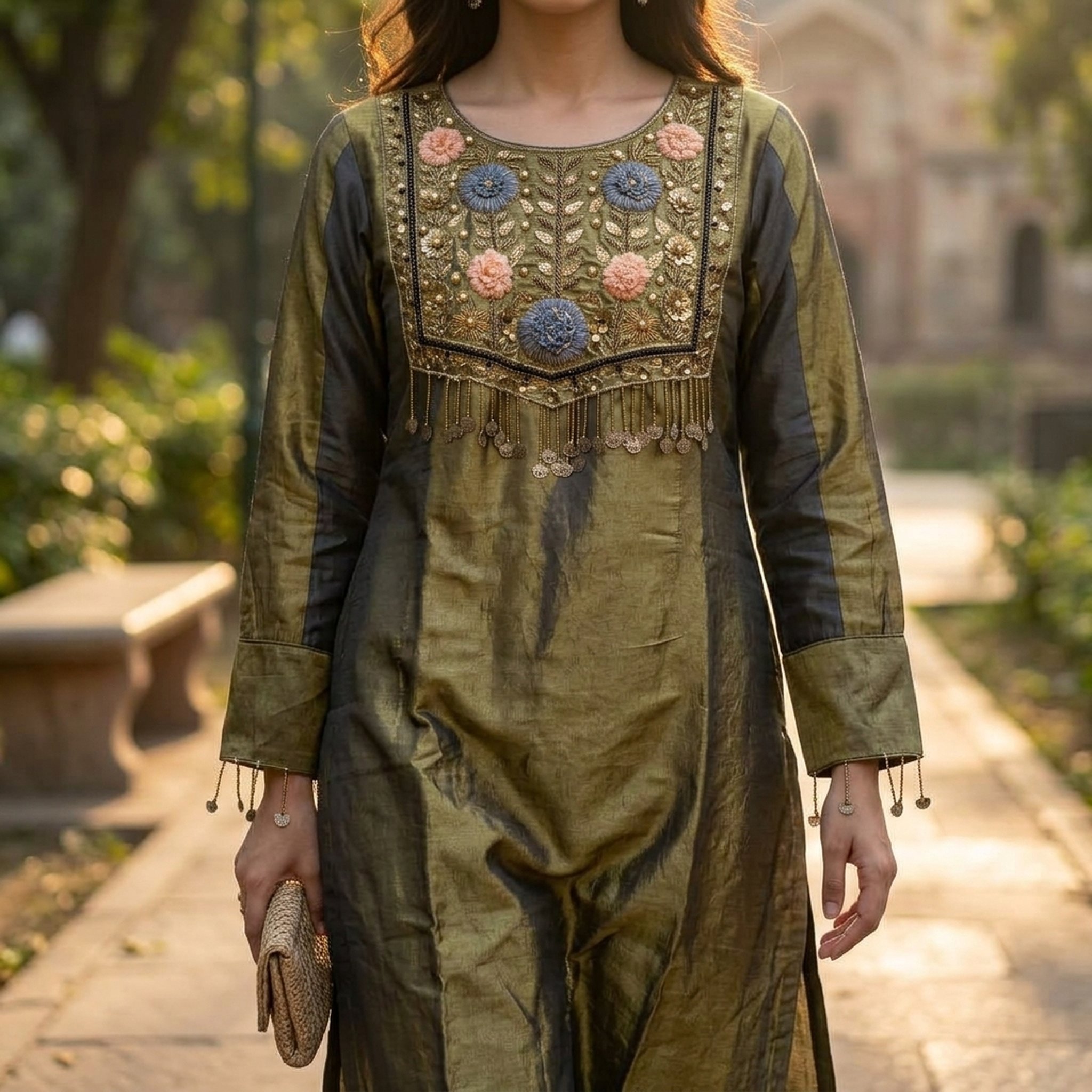 Trendy hangers Women's Embroidered Olive Silk Kurta Set 5