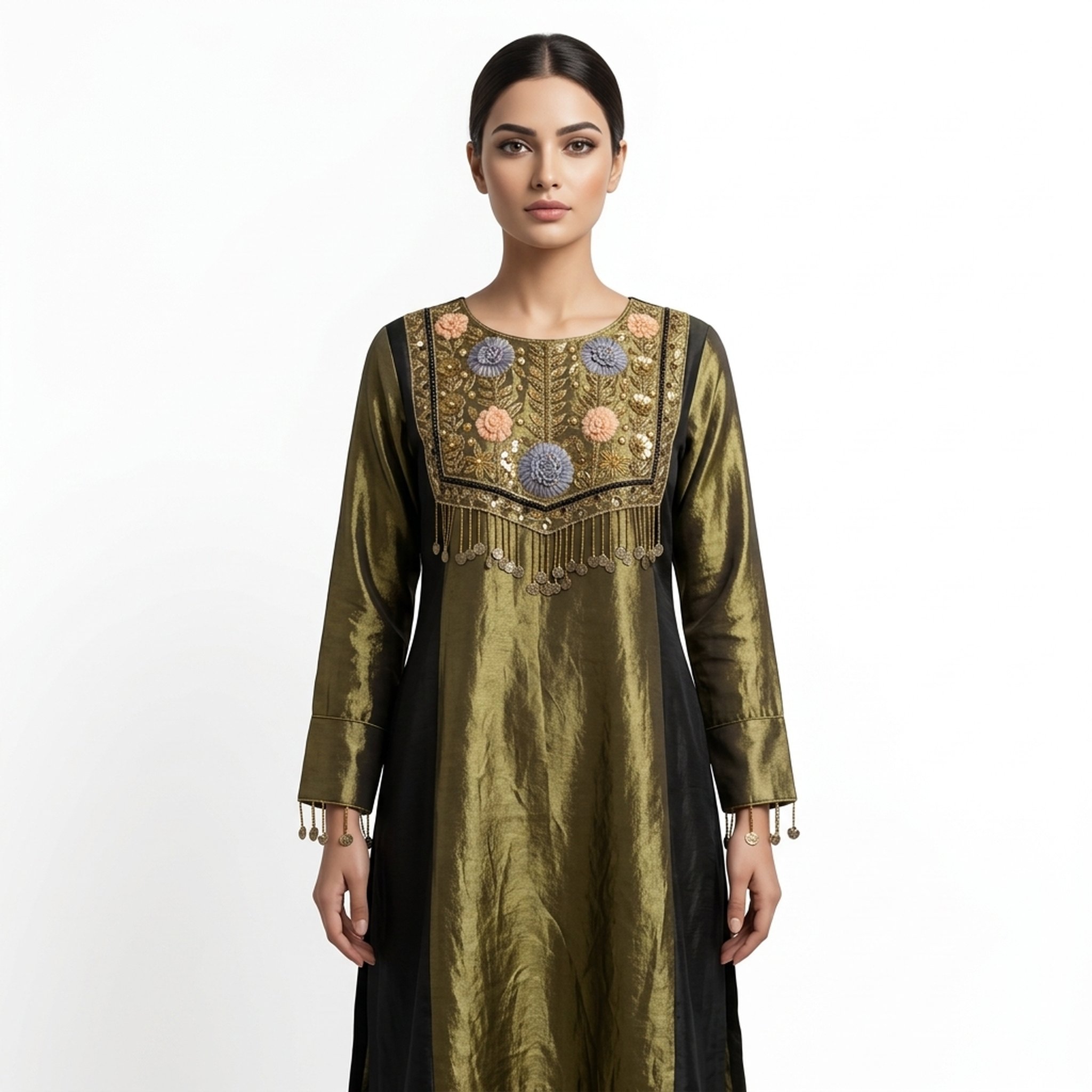 Trendy hangers Women's Embroidered Olive Silk Kurta Set 2