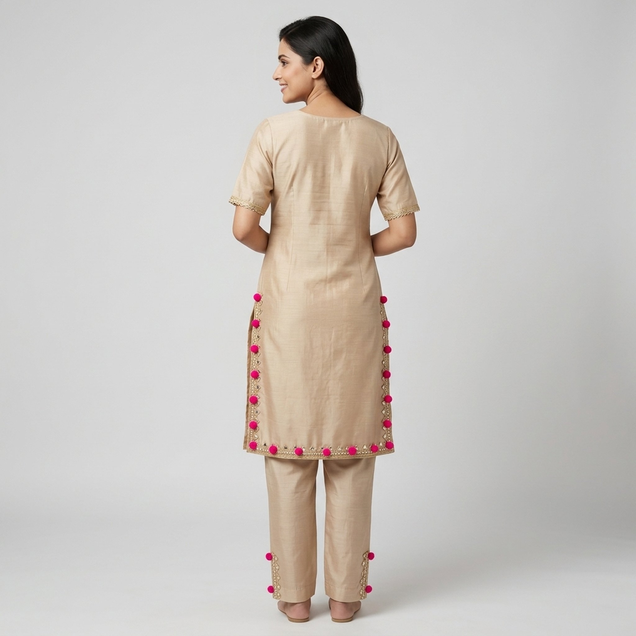 New Riwaz Garments Beige Pom Pom Mirror Work Salwar Suit 2