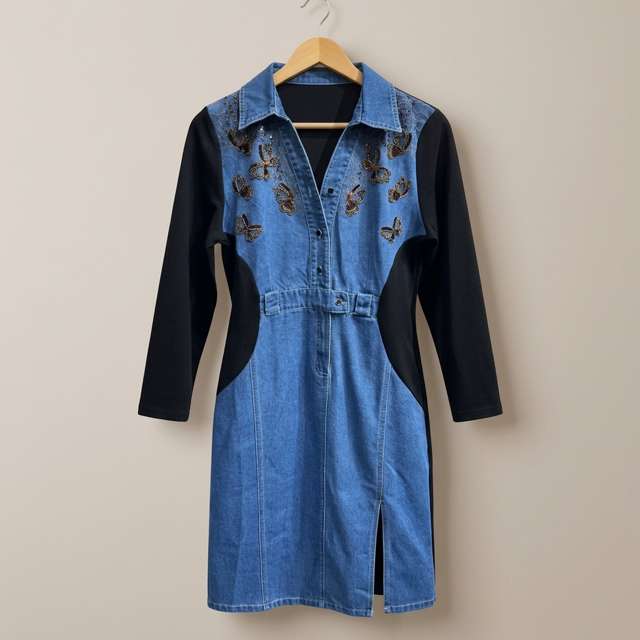New Riwaz Garments Embellished Denim & Black Midi Dress 3