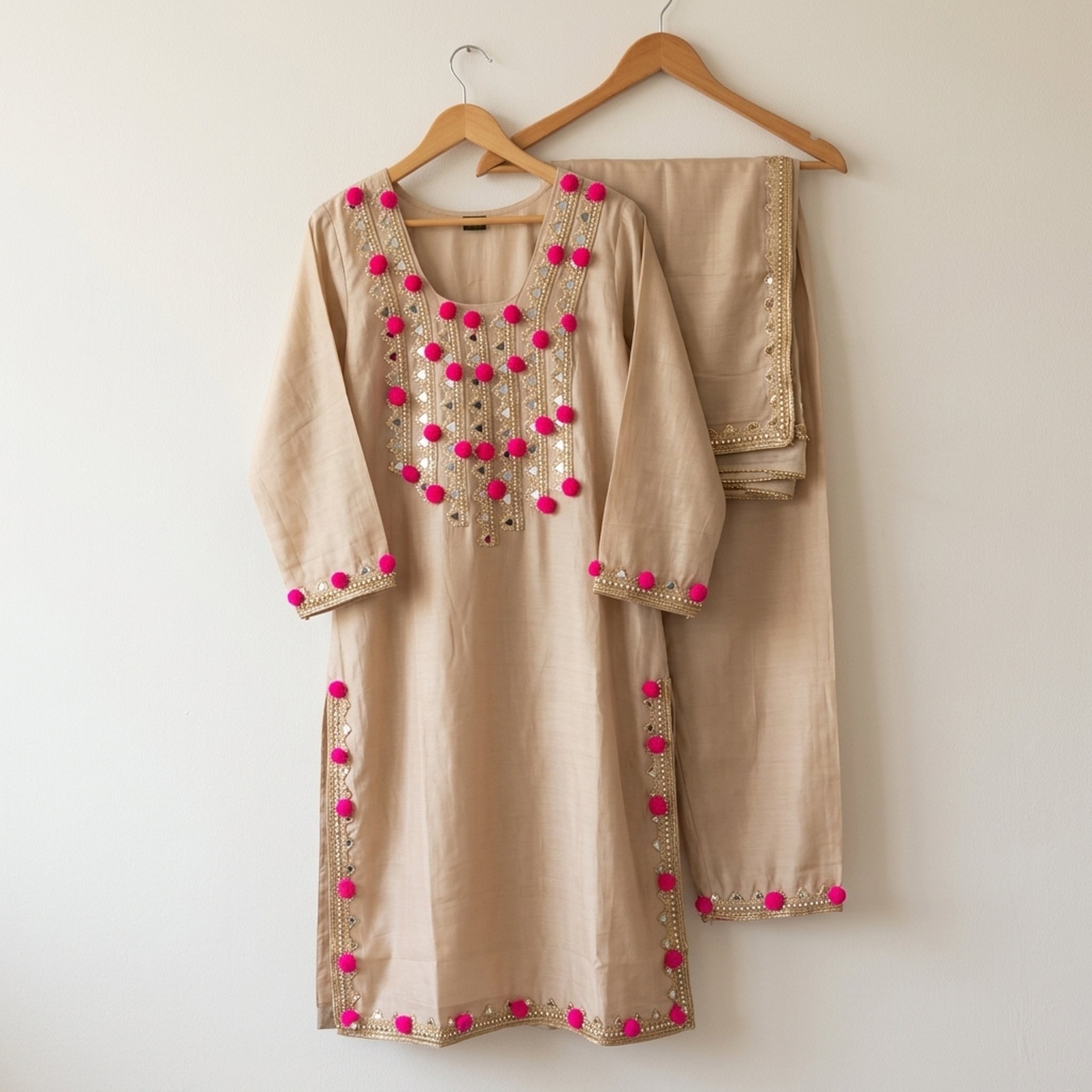 New Riwaz Garments Beige Pom Pom Mirror Work Salwar Suit 3