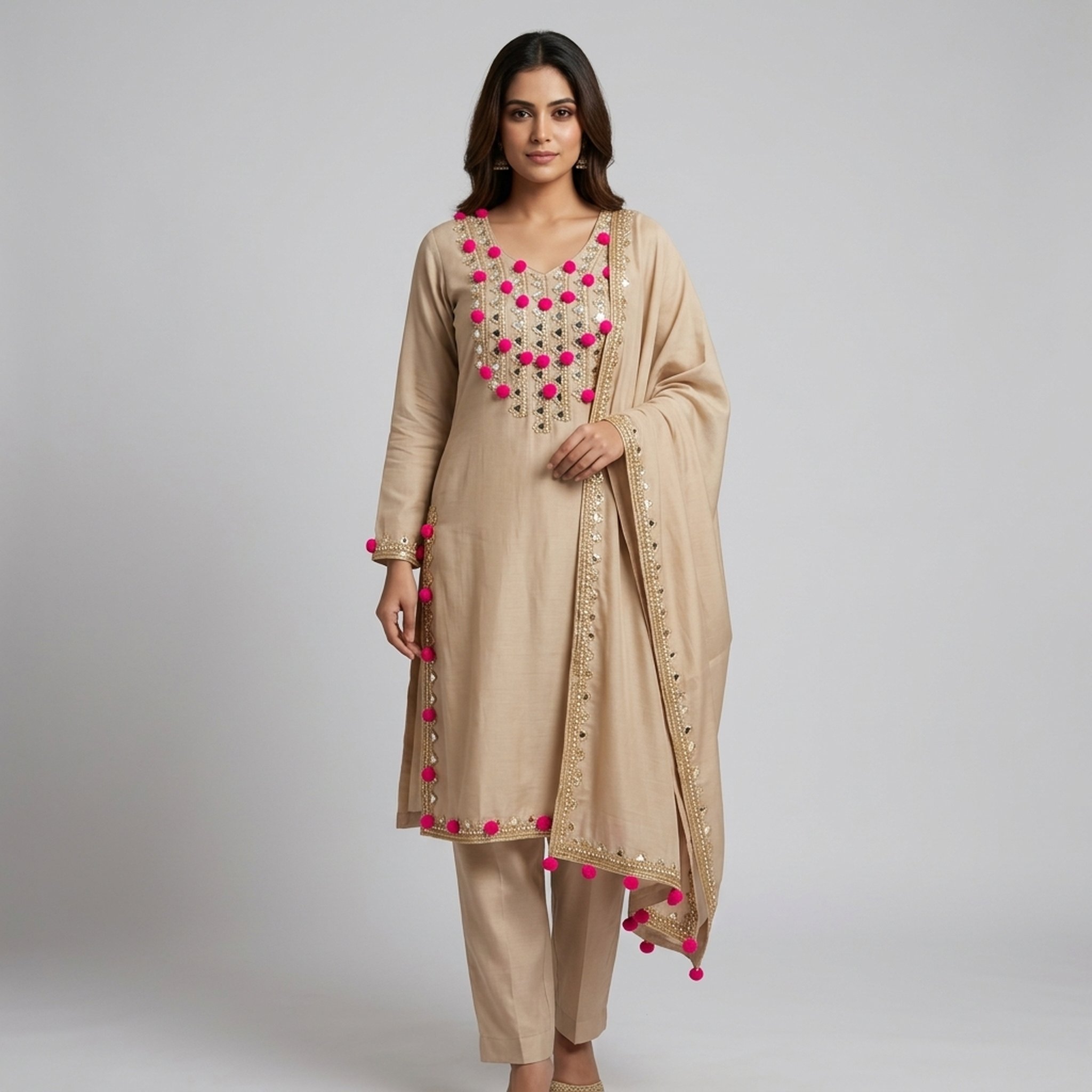 New Riwaz Garments Beige Pom Pom Mirror Work Salwar Suit